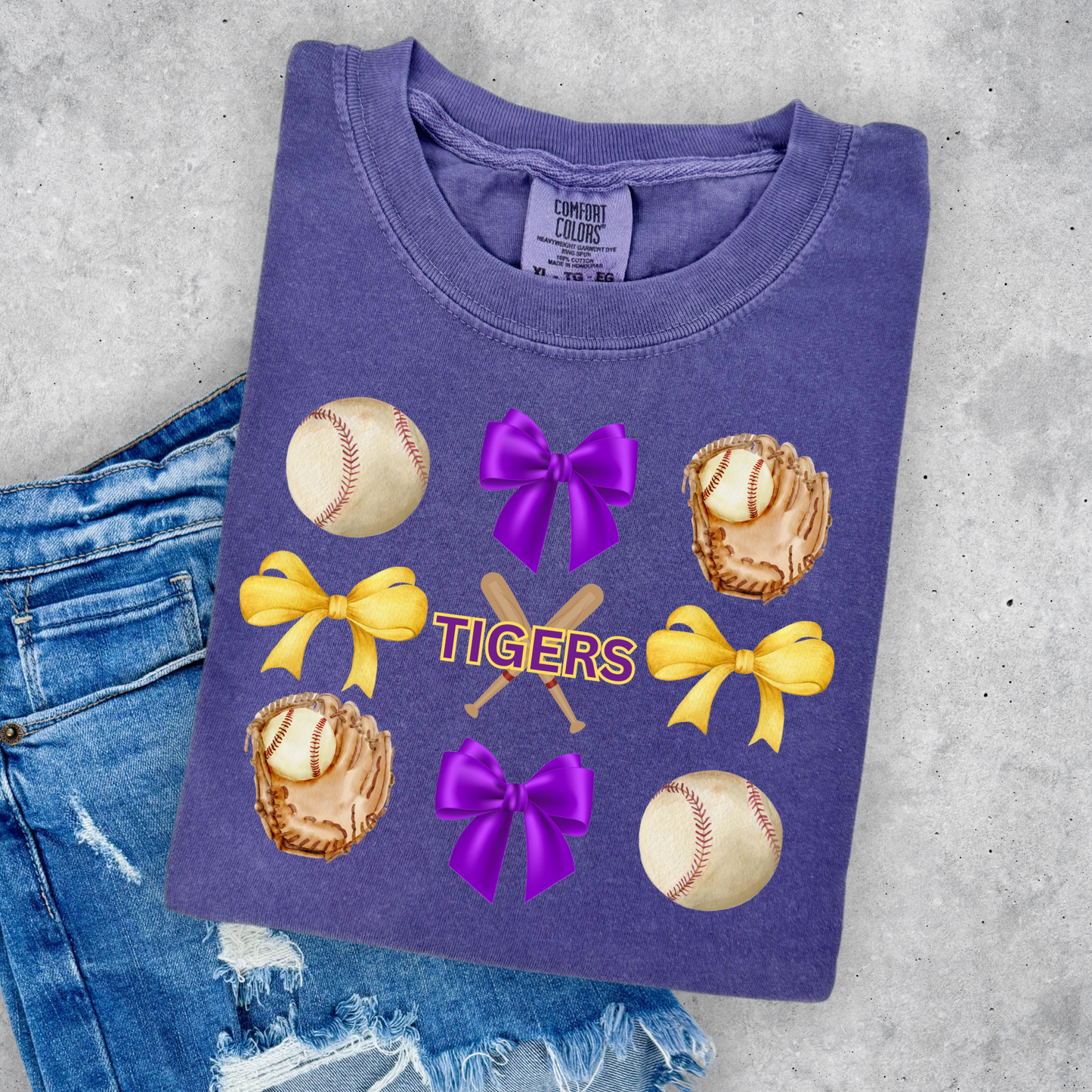 CORQUETTE BOW TIGERS BASEBALL COMFORT COLORS TEE