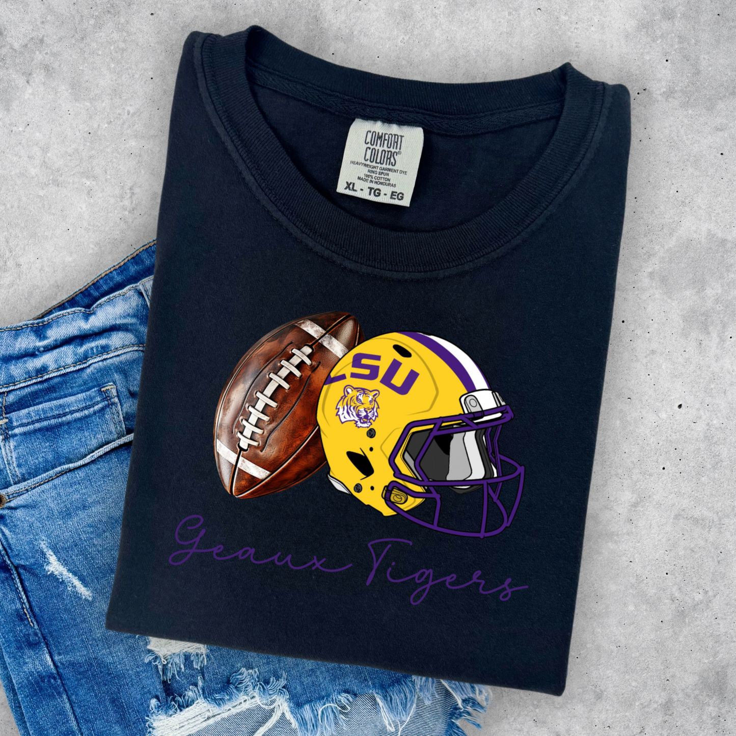 GEAUX TIGERS CURISVE FOOTBALL TEE