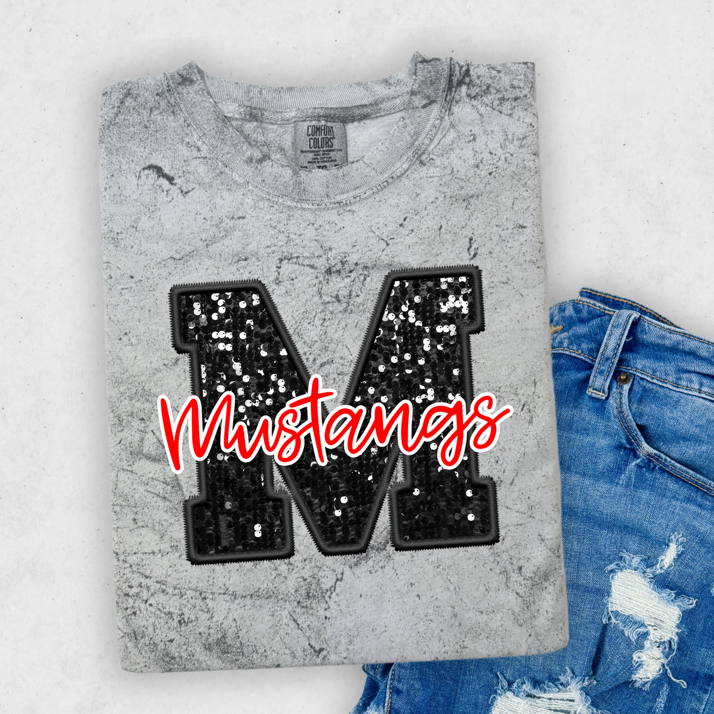 FAUX GLITTER MUSTANGS PRINTED TEES & SWEATSHIRTS