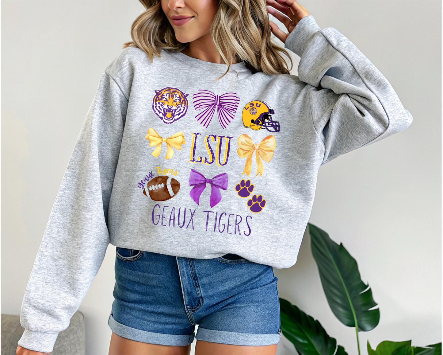 DISTRESSED GEAUX TIGERS COQUETTE BOW SWEATSHIRT