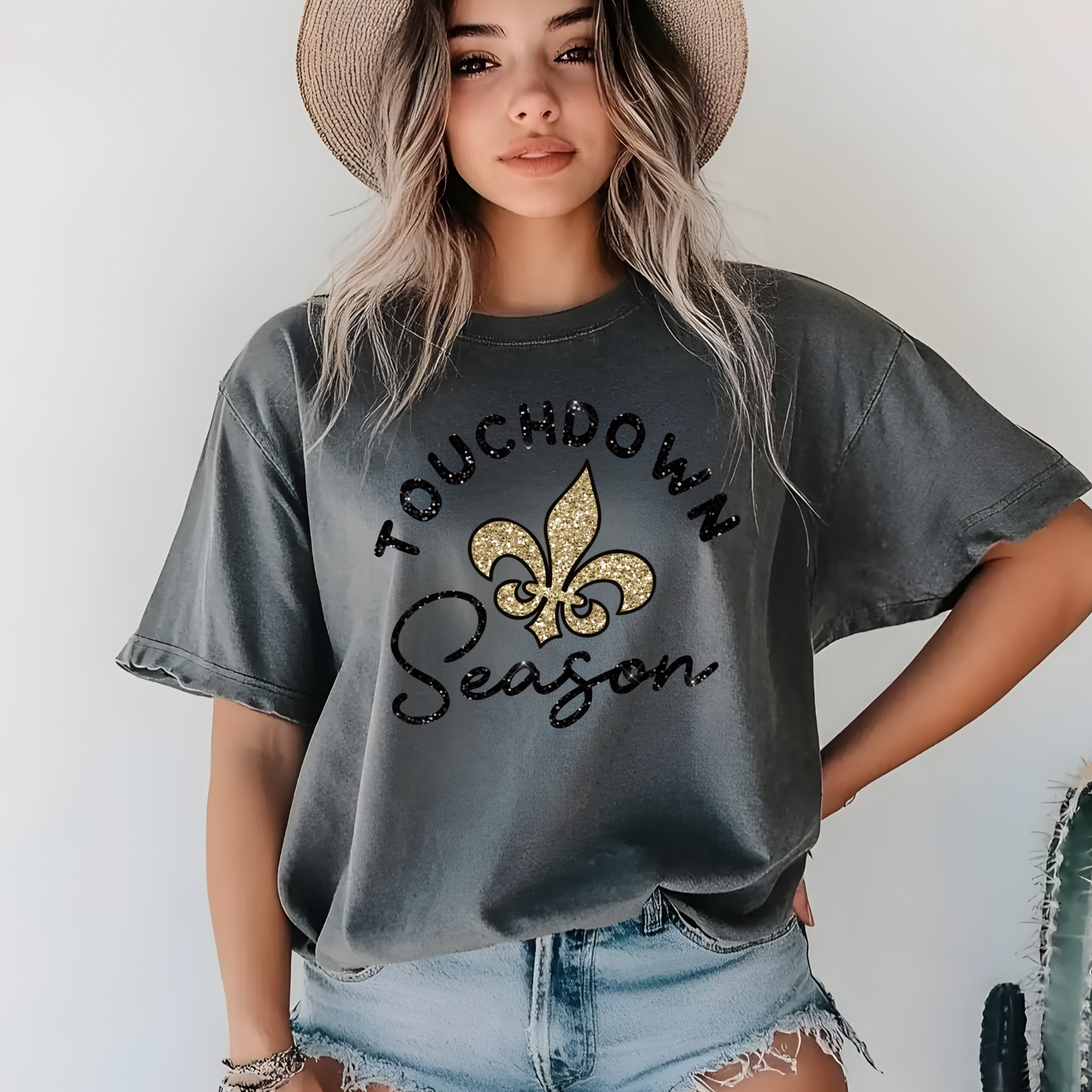 FAUX GLITTER PRINTED TOUCHDOWN SEASON FLEUR DE LIS TEES