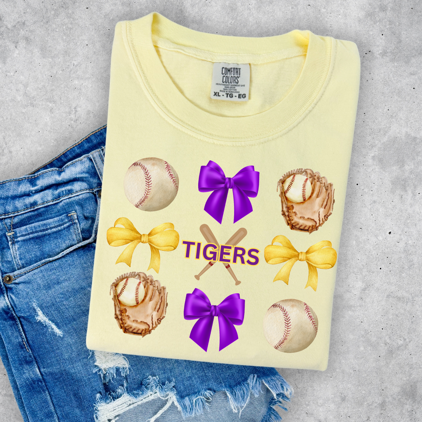 CORQUETTE BOW TIGERS BASEBALL COMFORT COLORS TEE