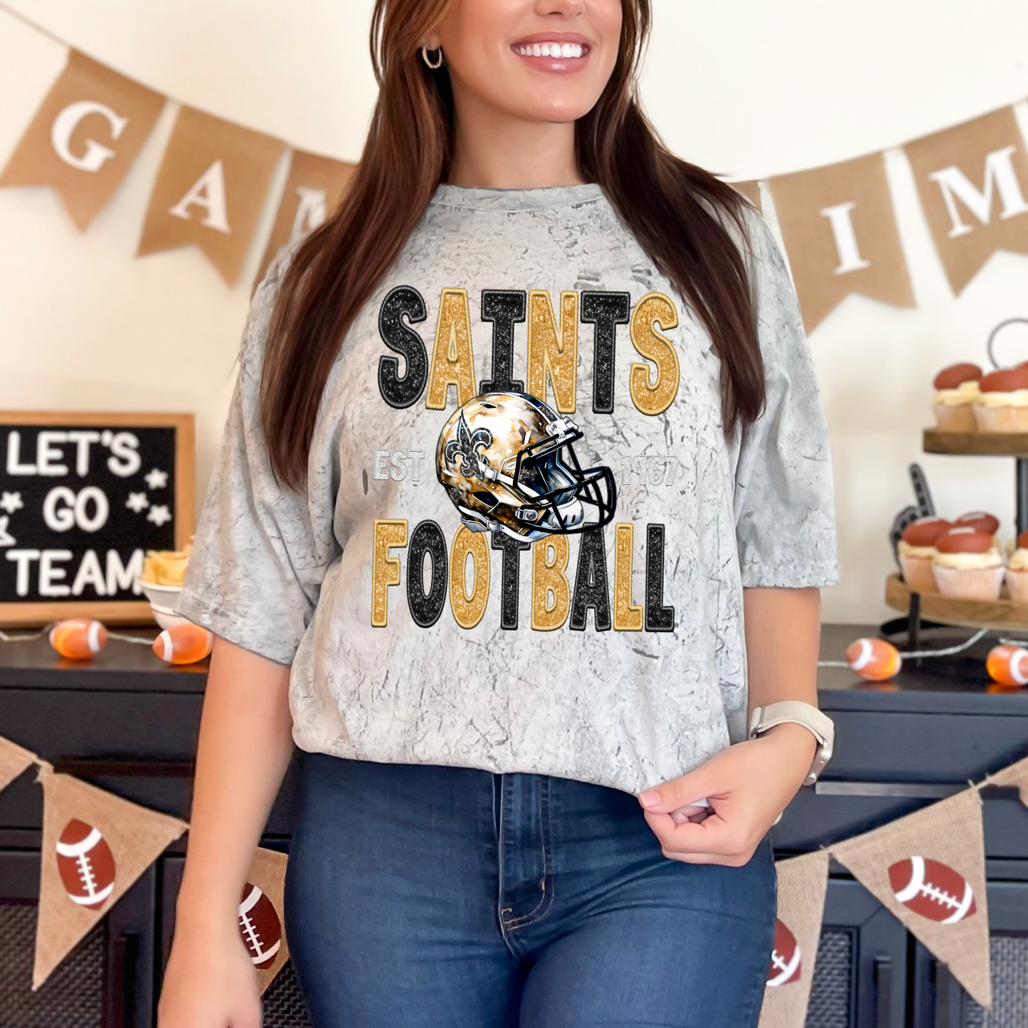 FAUX GLITTER PRINTED SAINTS FOOTBALL TEES