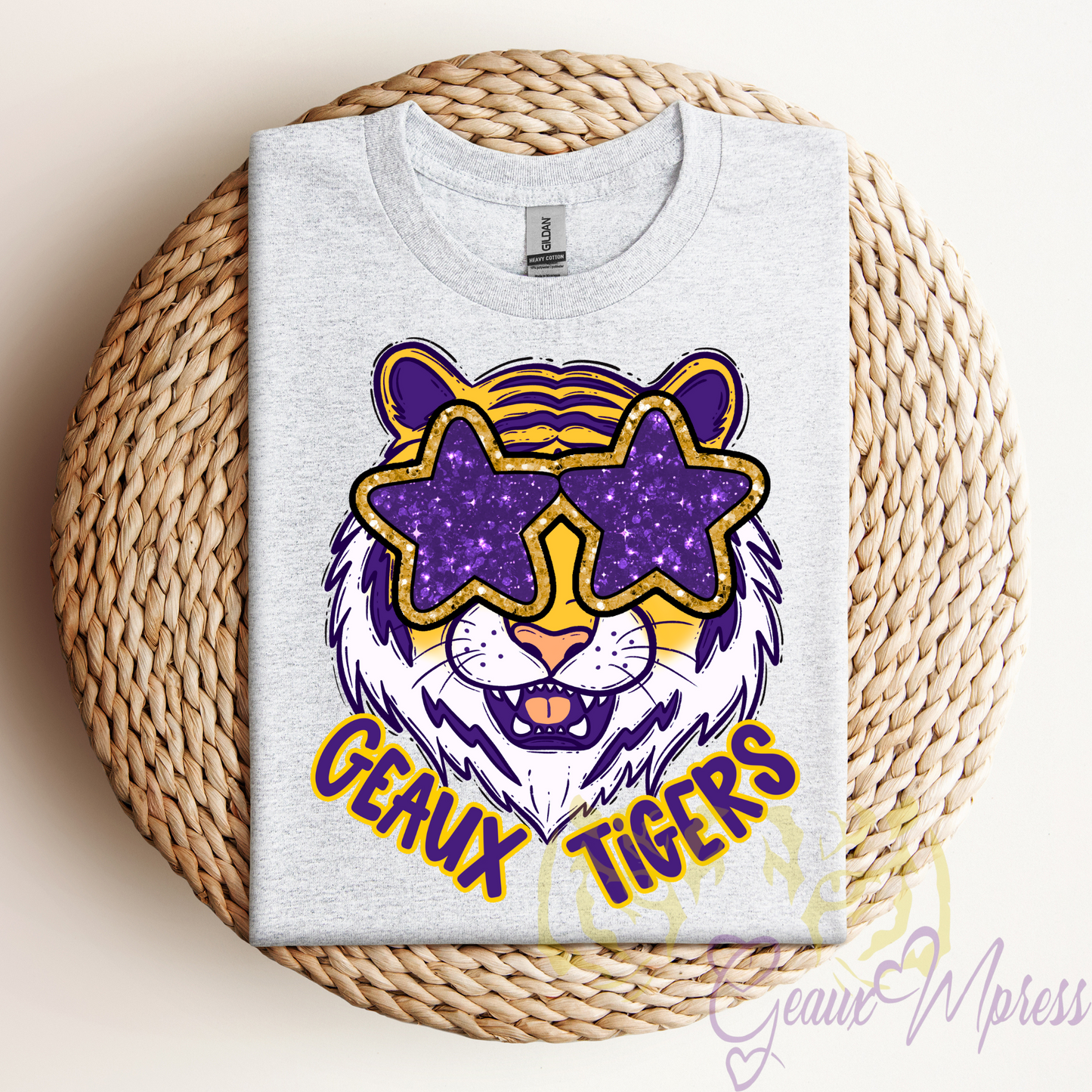 FAUX GLITTER GEAUX TIGERS, TIGER WITH STAR GLASSES