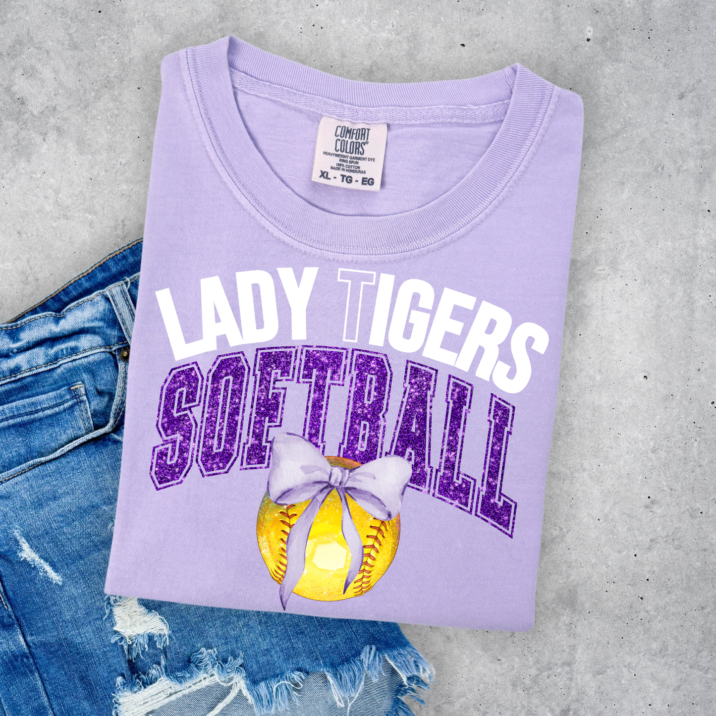 LADY TIGERS FAUX GLITTER SOFTBALL COMFORT COLORS TEE