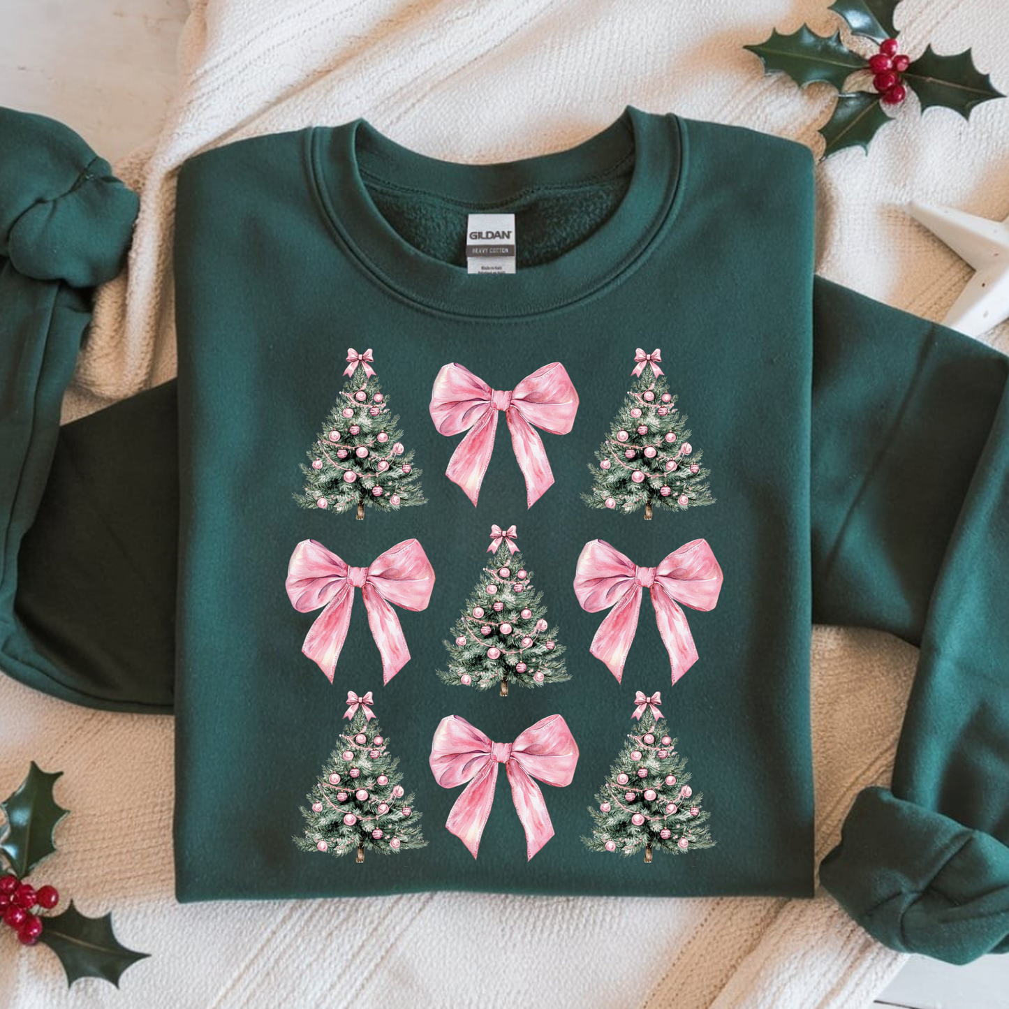 CUTE SPRUCE TREES AND BOWS SHORT SLEEVE TEES, LONG SLEEVE TEES & SWEATSHIRTS