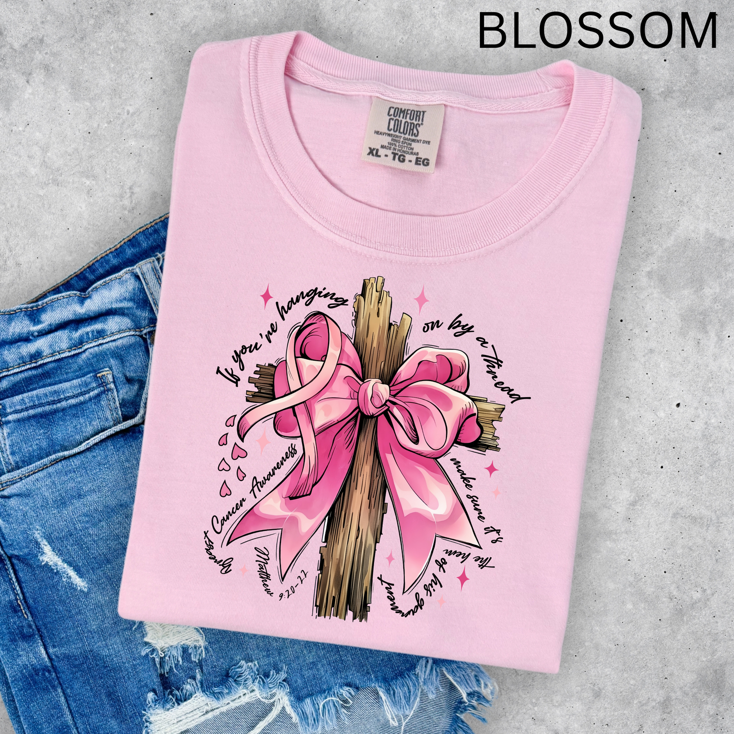 MATTHEW 9:20-22 BREAST CANCER AWARENESS COMFORT COLORS TEES
