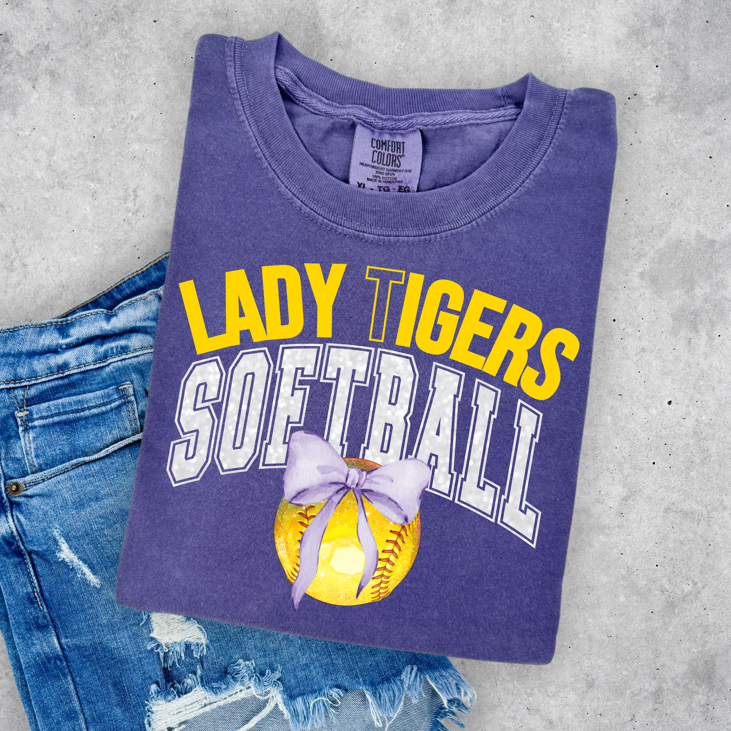 LADY TIGERS FAUX GLITTER SOFTBALL COMFORT COLORS TEE