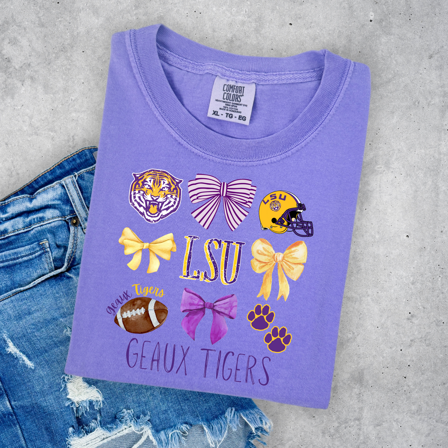 DISTRESSED GEAUX TIGERS COQUETTE BOW TEES