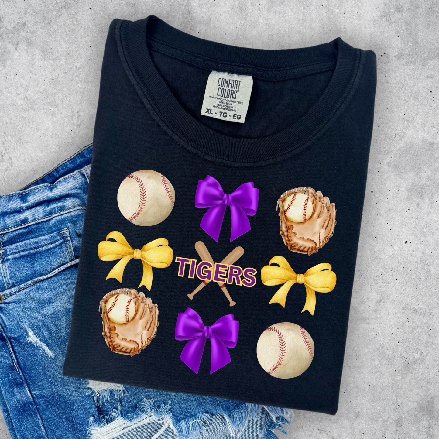CORQUETTE BOW TIGERS BASEBALL COMFORT COLORS TEE