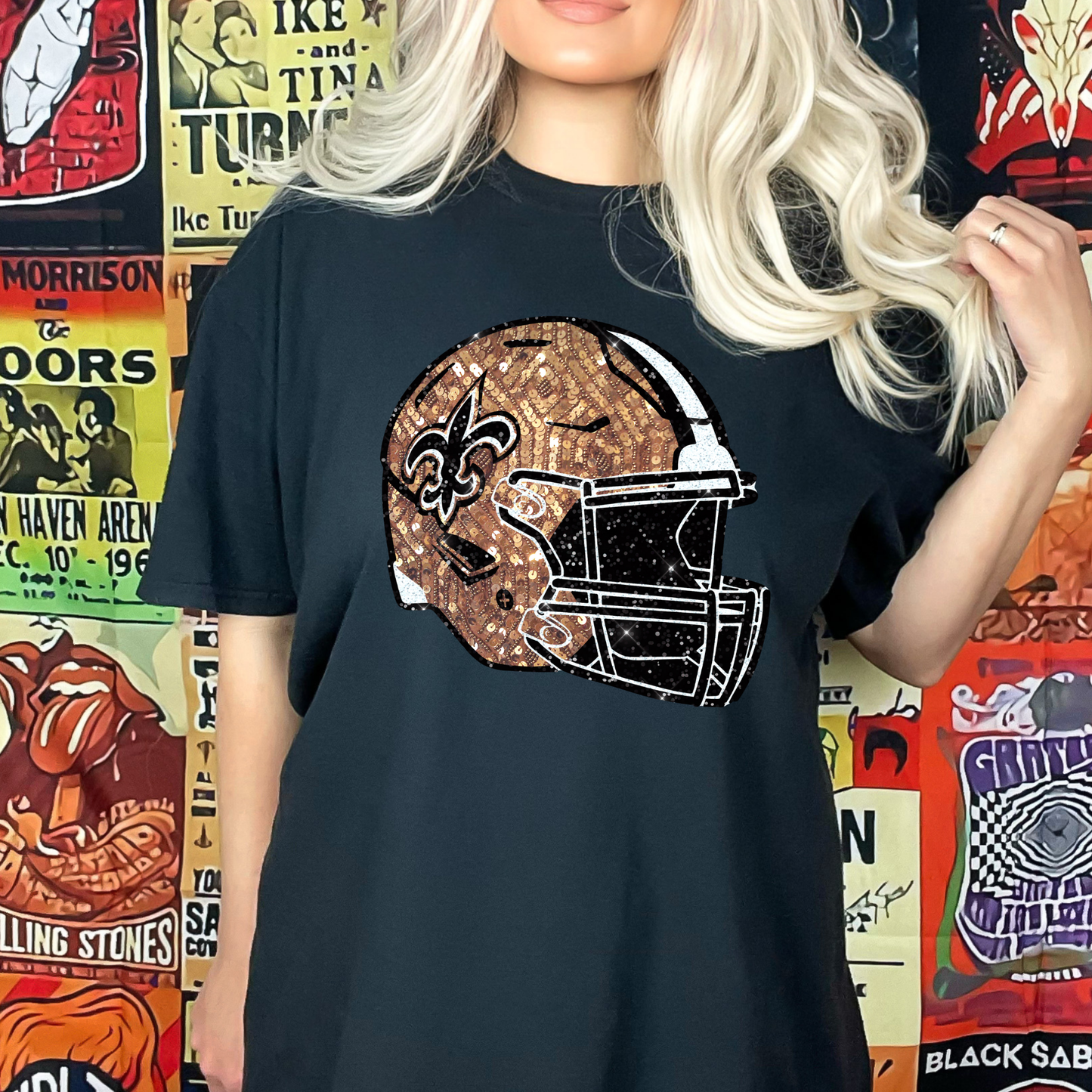 FAUX GLITTER PRINTED SAINTS FOOTBALL HELMET TEES