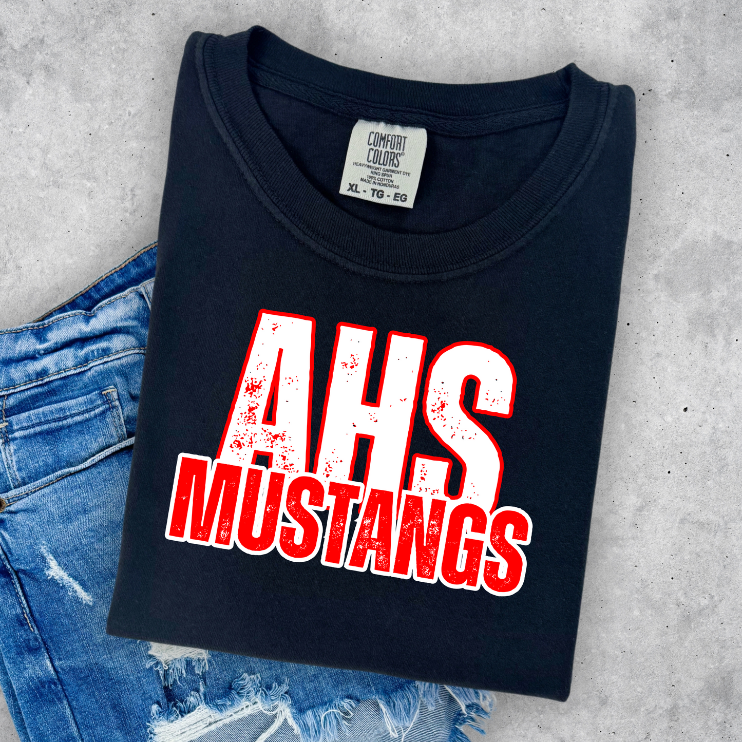 DISTRESSED AHS MUSTANGS TEE & SWEATSHIRT