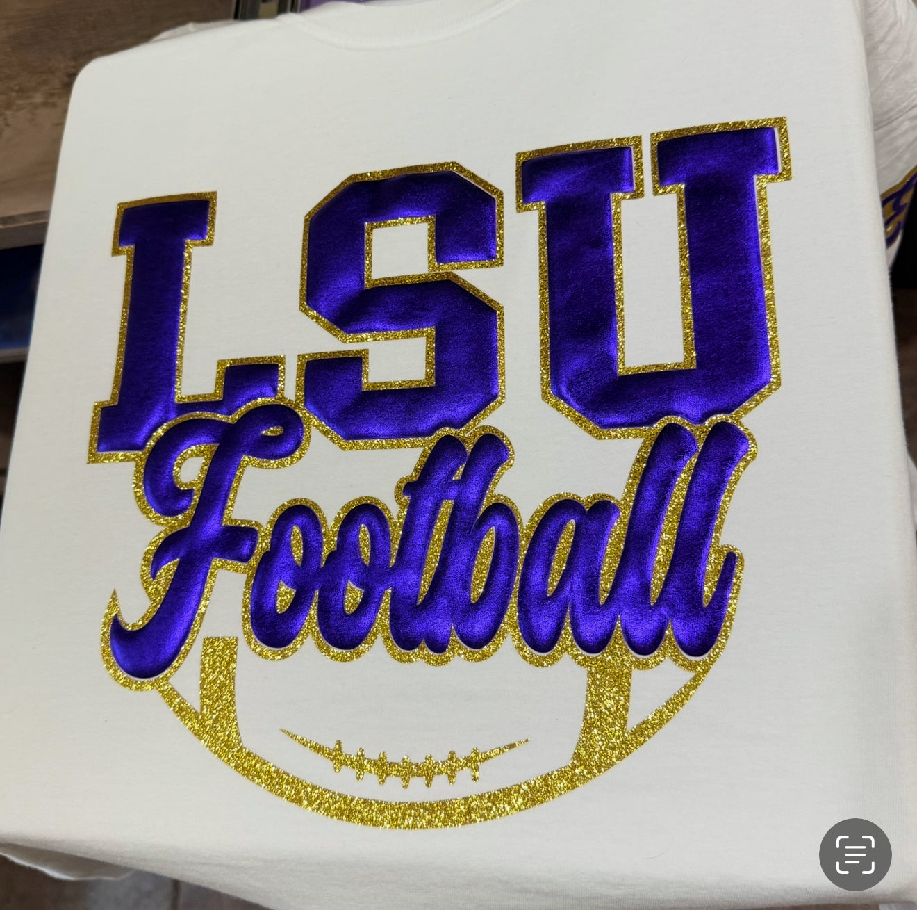 PURPLE PUFF AND GOLD GLITTER FOOTBALL TEE & SWEATSHIRT