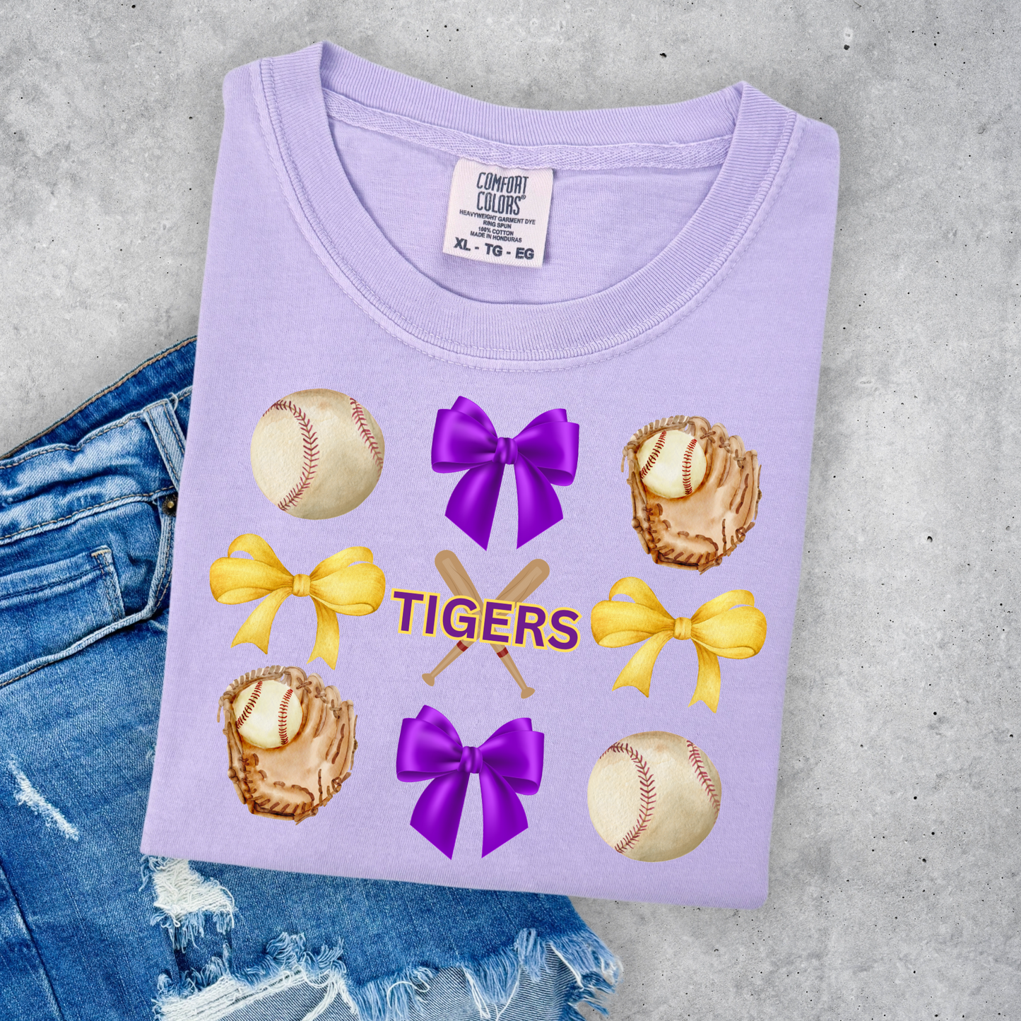 CORQUETTE BOW TIGERS BASEBALL COMFORT COLORS TEE