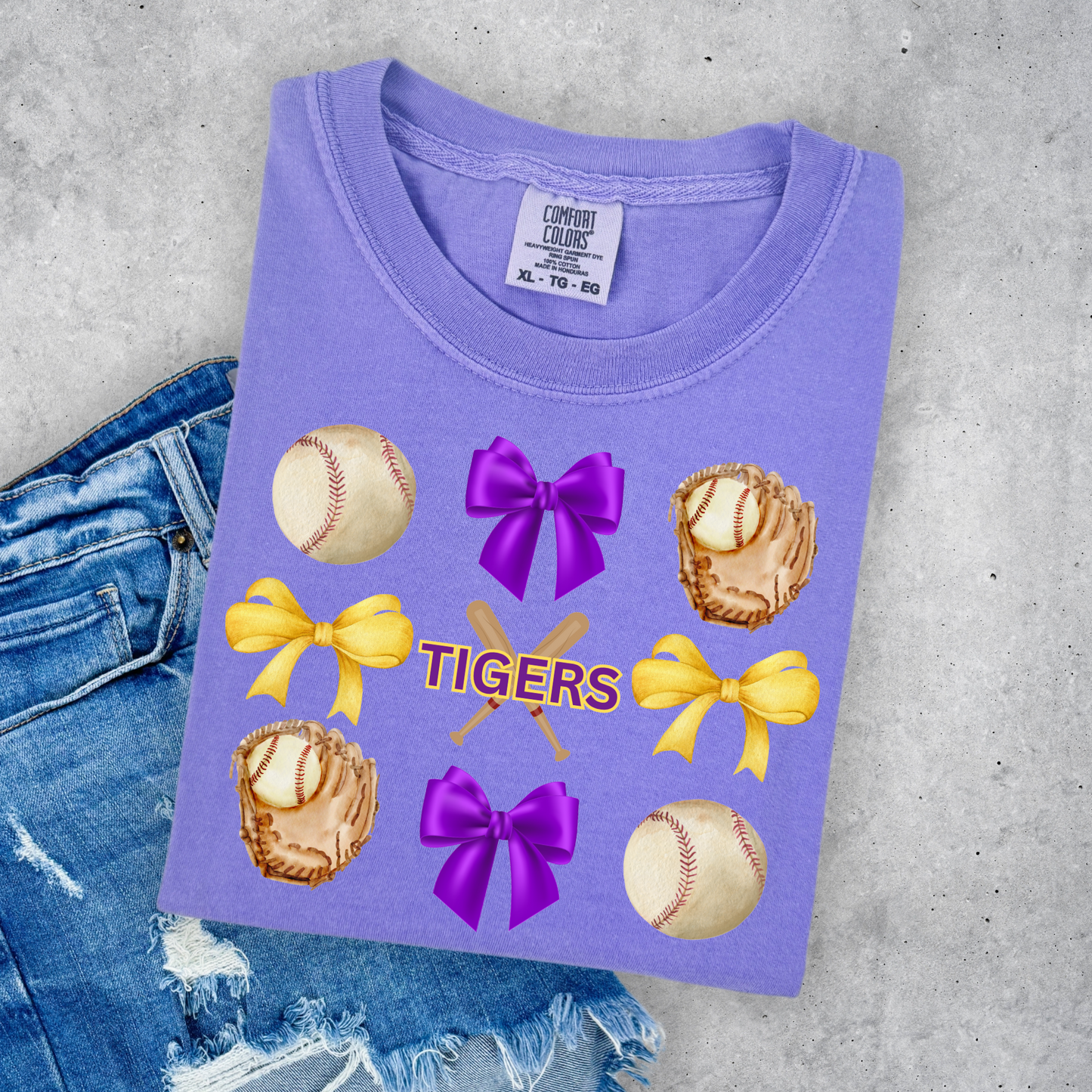 CORQUETTE BOW TIGERS BASEBALL COMFORT COLORS TEE
