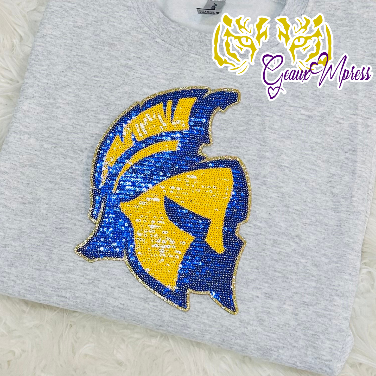 SPARTAN HEAD SEQUIN PATCH TEE AND SWEATSHIRT