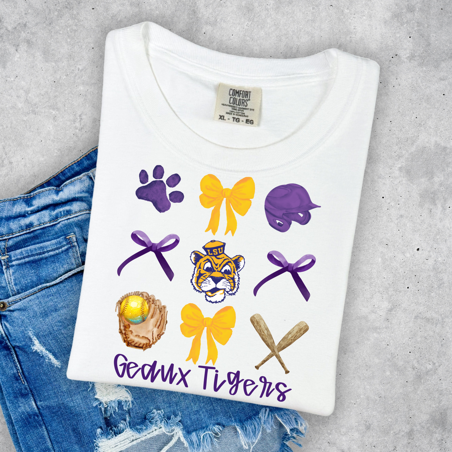 GEAUX TIGER'S SOFTBALL & BOWS COMFORT COLORS TEE