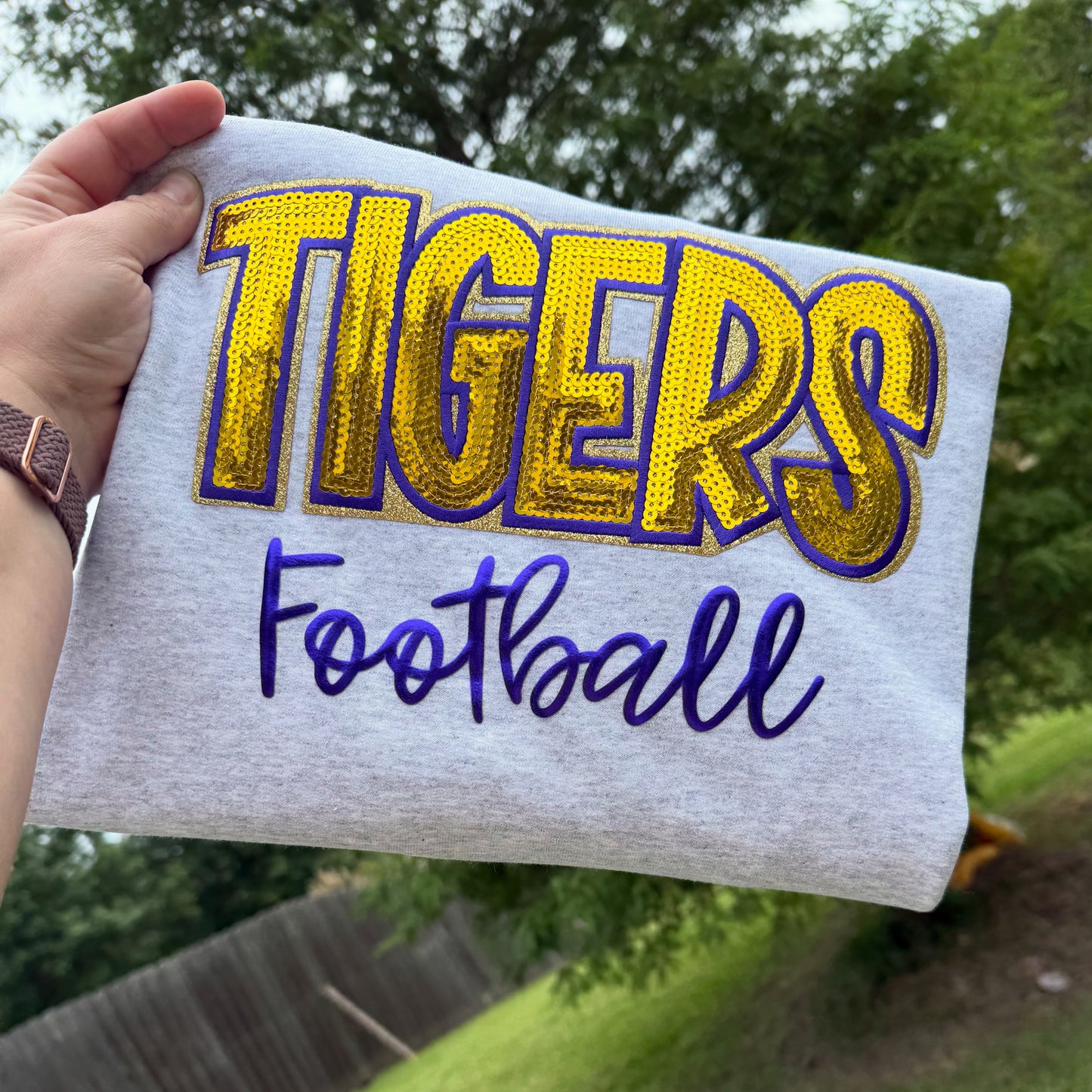 TIGERS FOOTBALL SEQUIN AND PUFF SWEATSHIRT