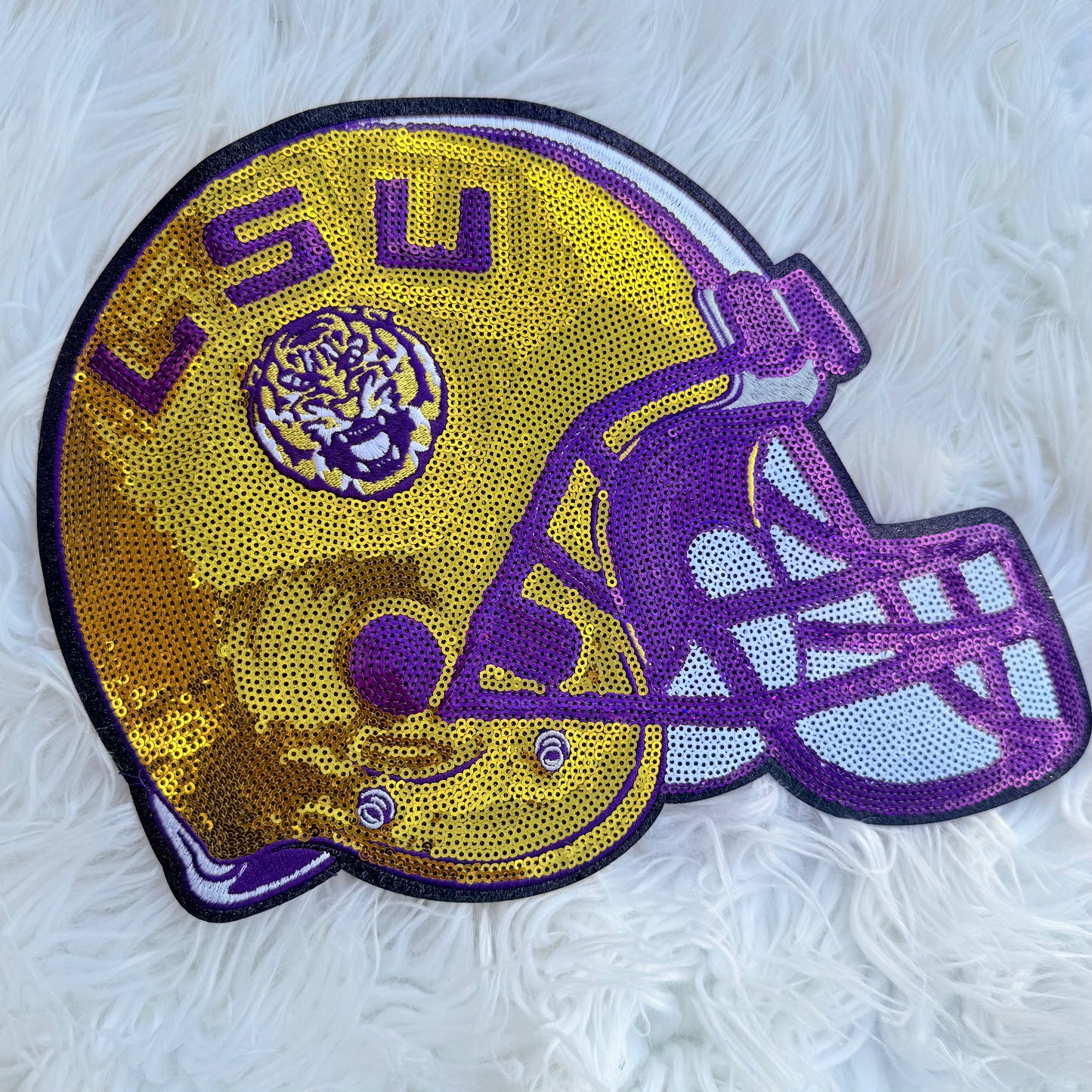 12 INCH WIDE SEQUIN TIGER FOOTBALL HELMET PATCH