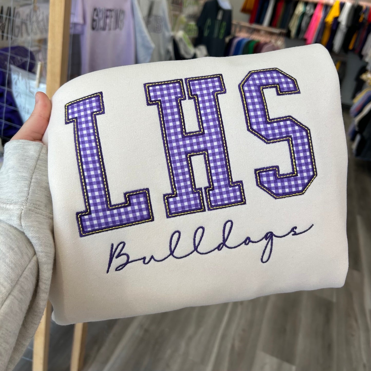 LHS-BULLDOGS GINGHAM FABRIC APPLIQUE SWEATSHIRT