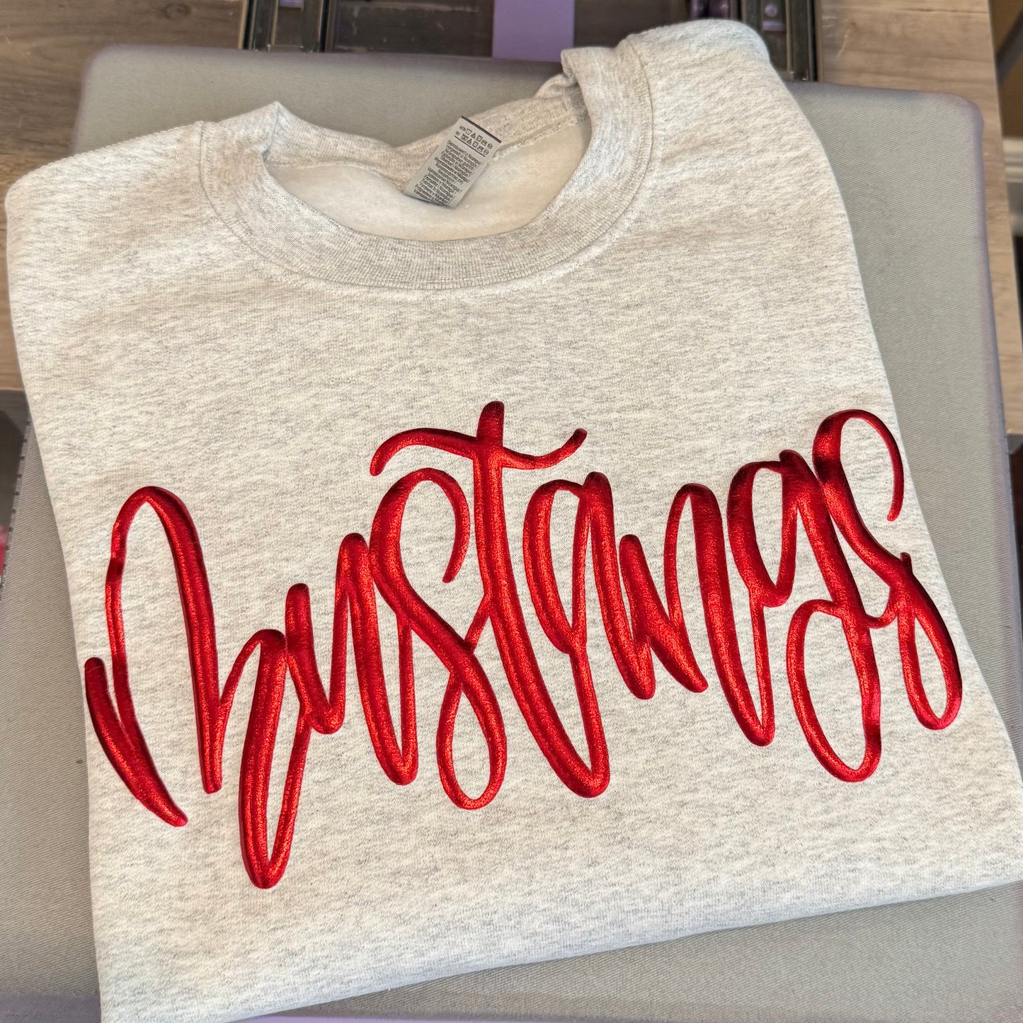 RED METALLIC PUFF MUSTANGS TEES & SWEATSHIRTS