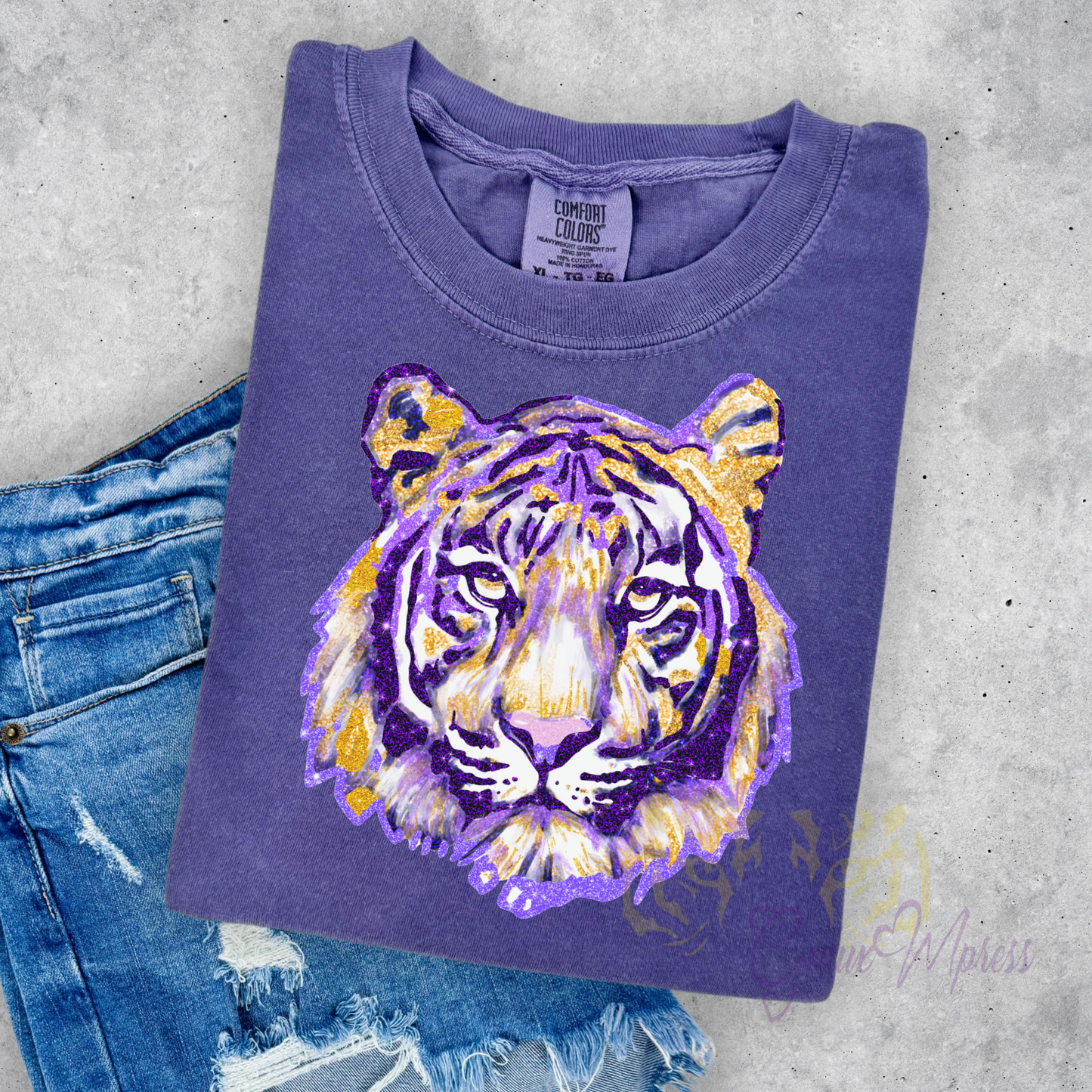 FAUX GLITTER PURPLE AND GOLD SPARKLY WATERCOLOR TIGER