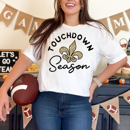 FAUX GLITTER PRINTED TOUCHDOWN SEASON FLEUR DE LIS TEES