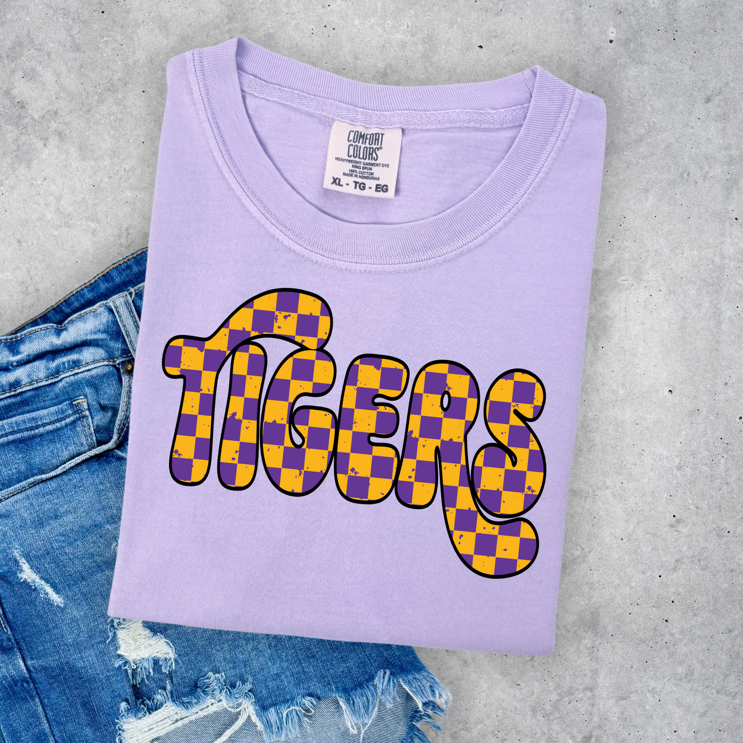 CHECKERED TIGERS BUBBLE FONT TEE