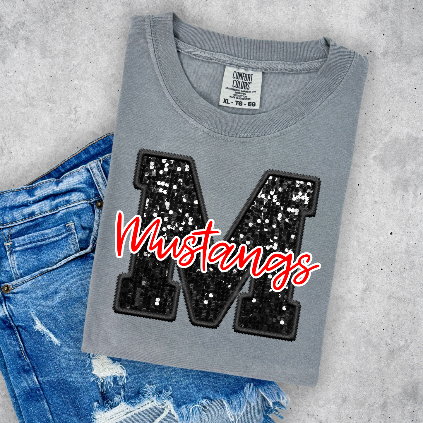 FAUX GLITTER MUSTANGS PRINTED TEES & SWEATSHIRTS