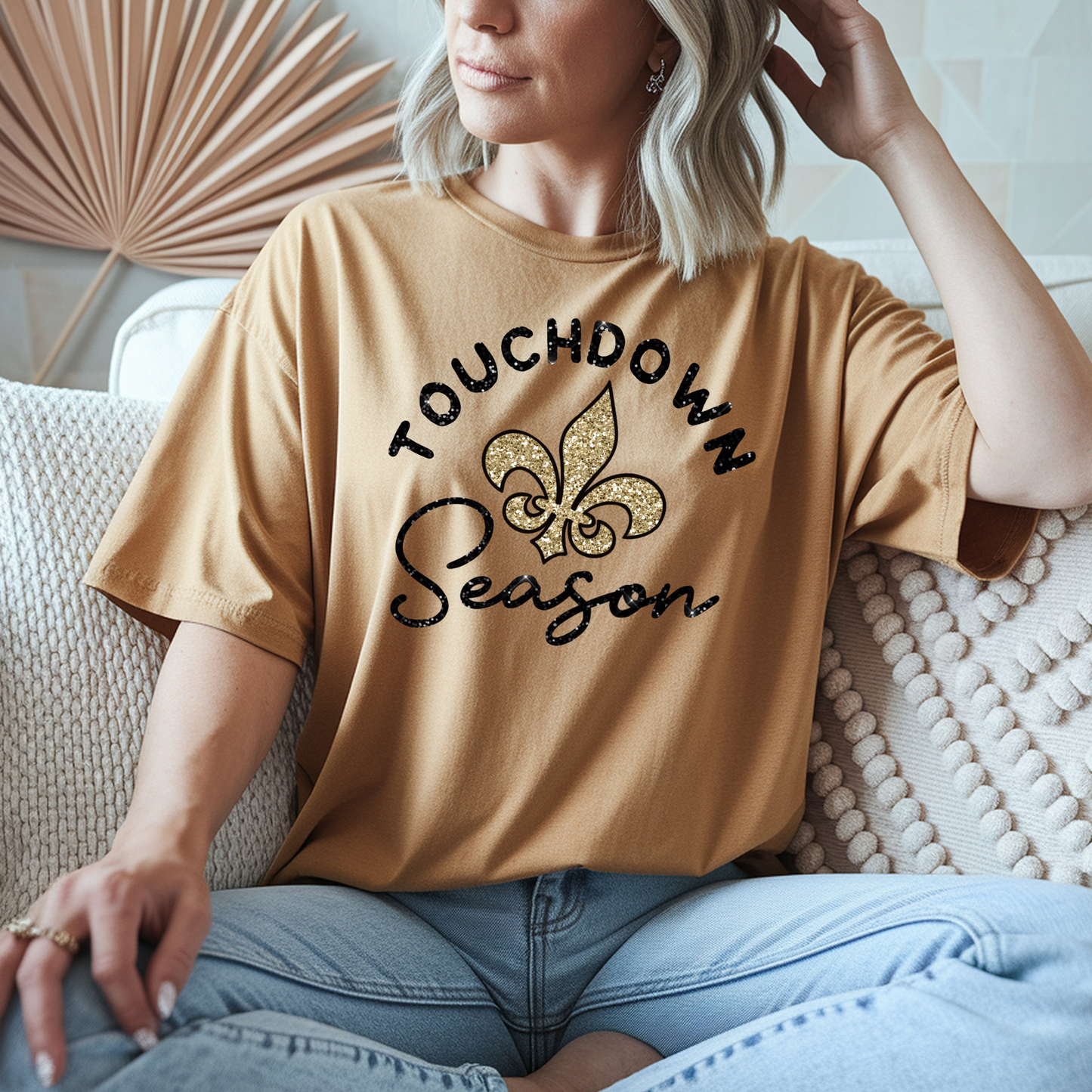 FAUX GLITTER PRINTED TOUCHDOWN SEASON FLEUR DE LIS TEES