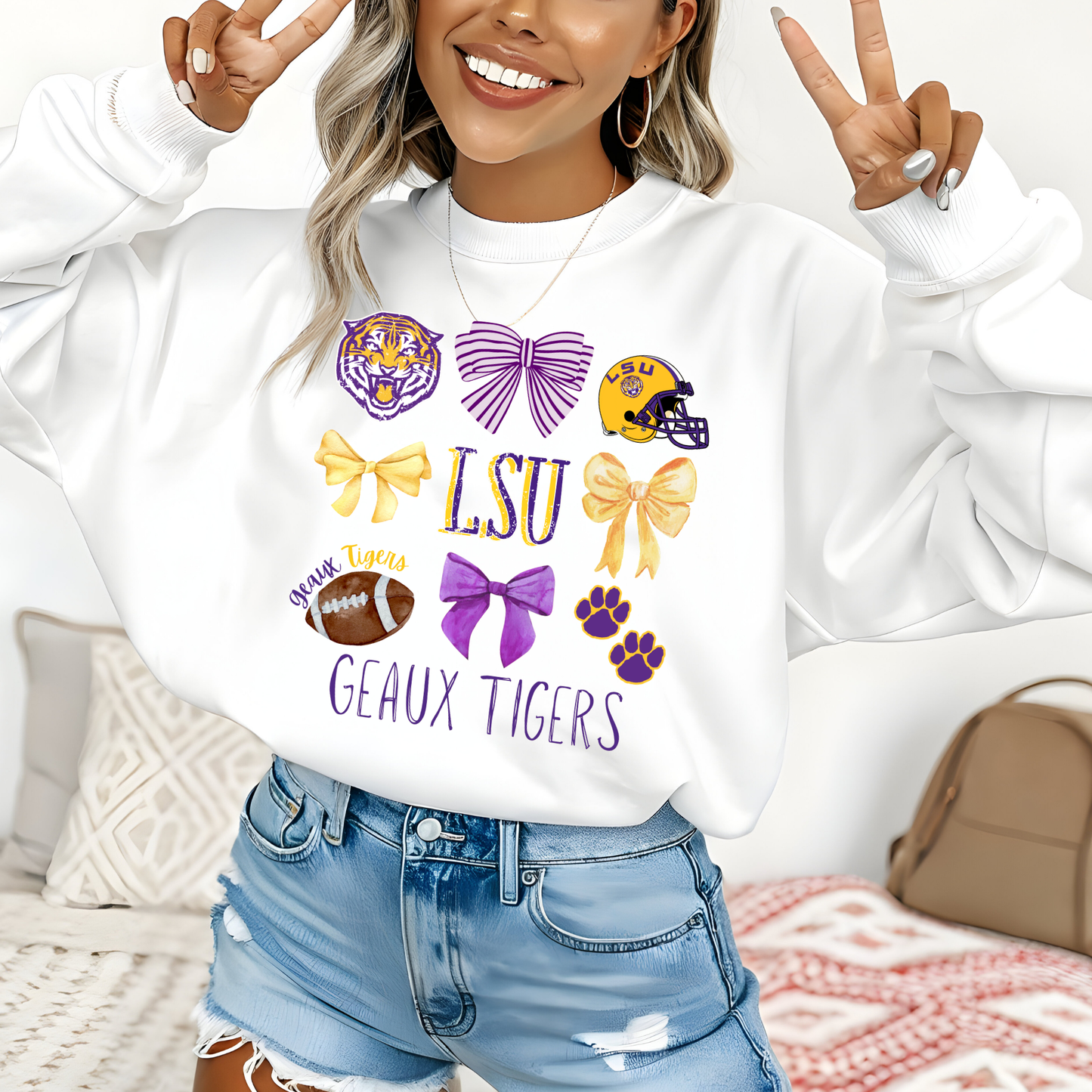 DISTRESSED GEAUX TIGERS COQUETTE BOW SWEATSHIRT