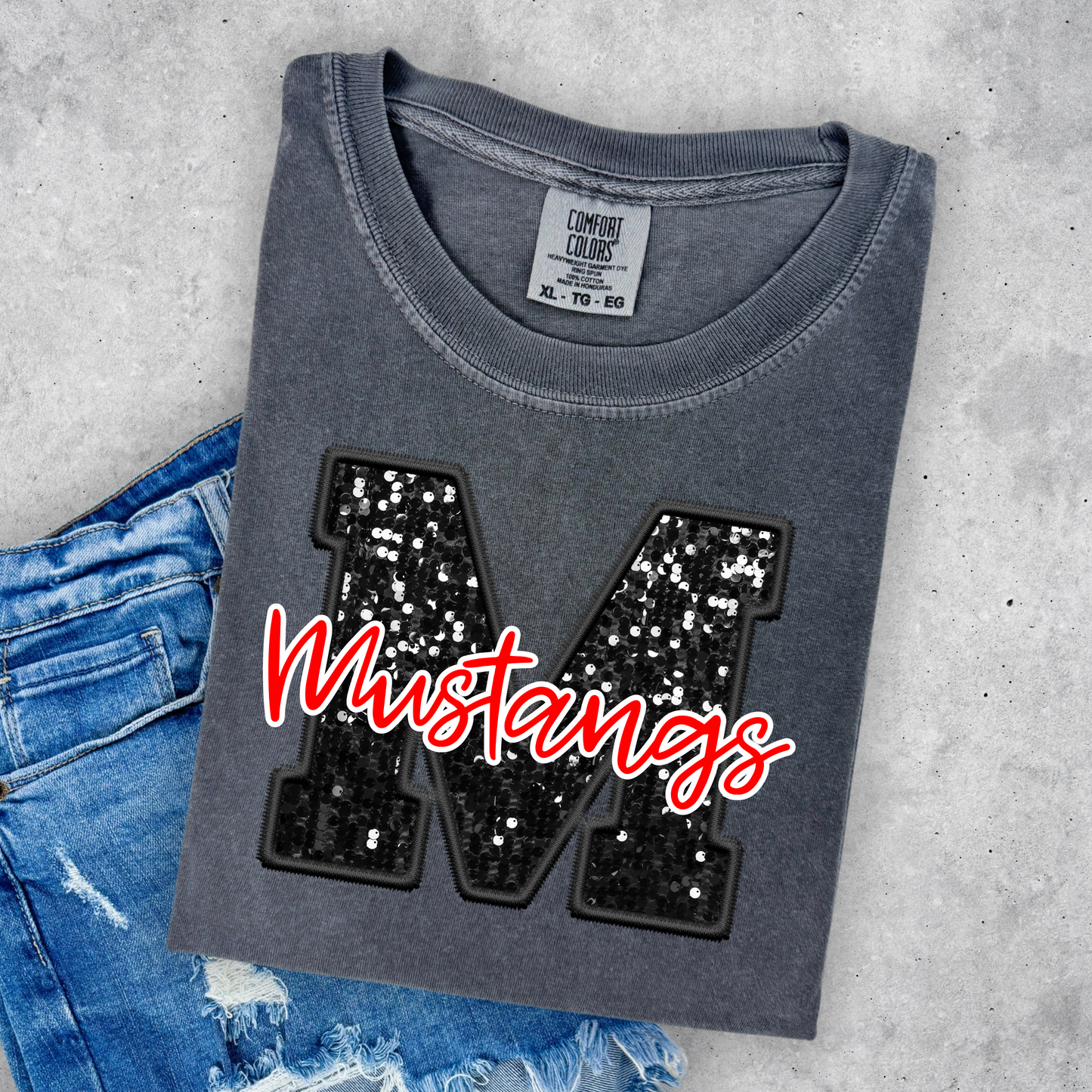 FAUX GLITTER MUSTANGS PRINTED TEES & SWEATSHIRTS