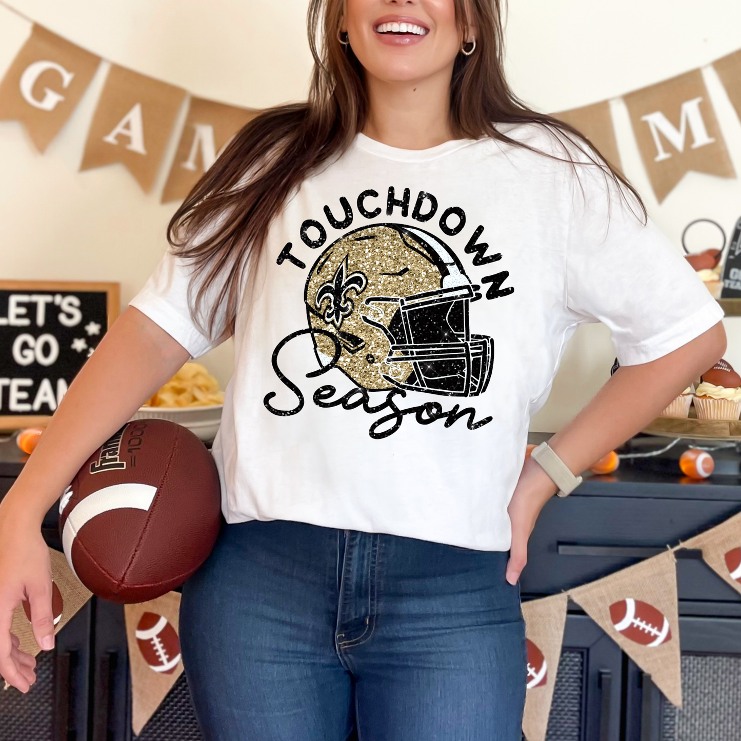 FAUX GLITTER TOUCHDOWN SEASON SAINTS FOOTBALL HELMET PRINTED TEES