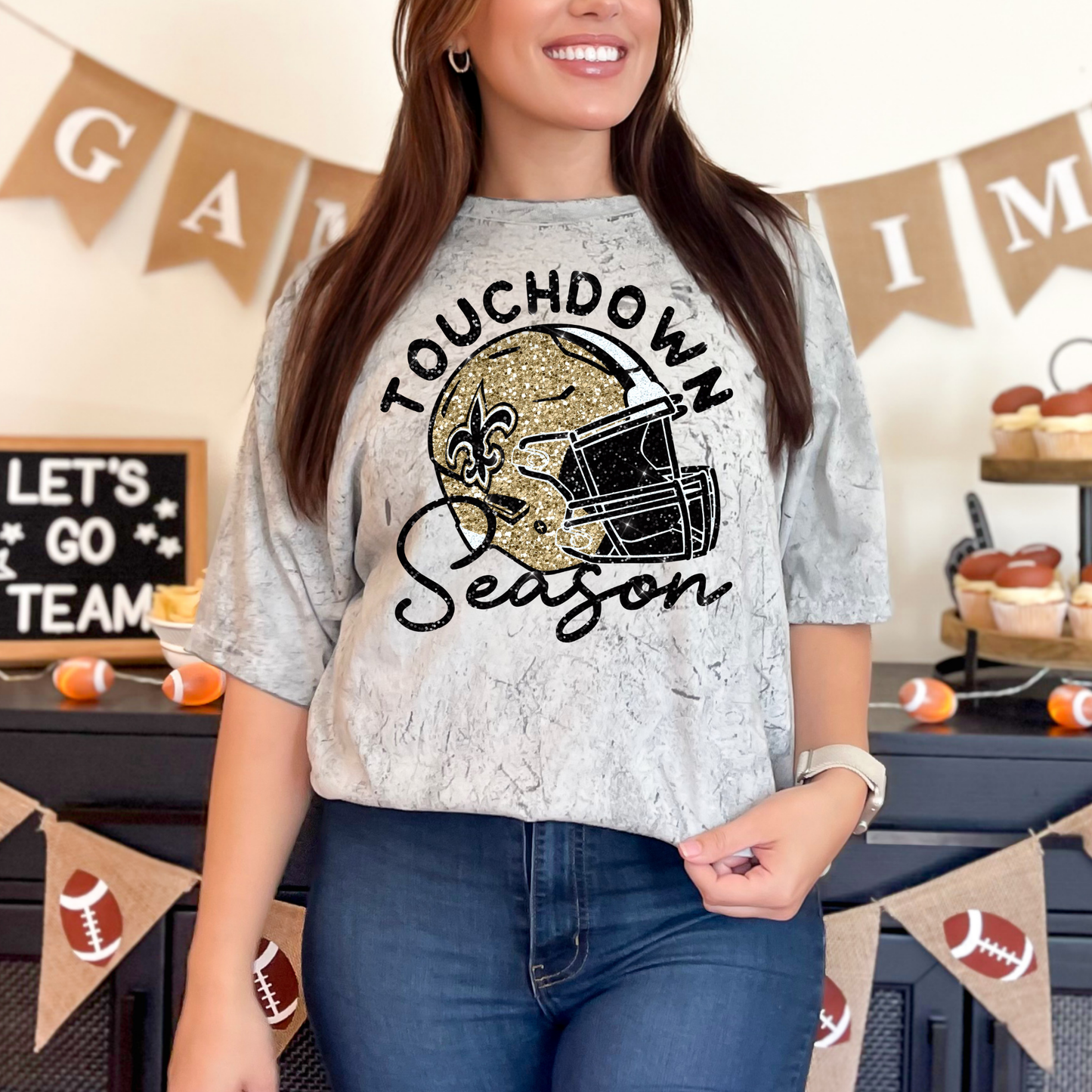 FAUX GLITTER TOUCHDOWN SEASON SAINTS FOOTBALL HELMET PRINTED TEES