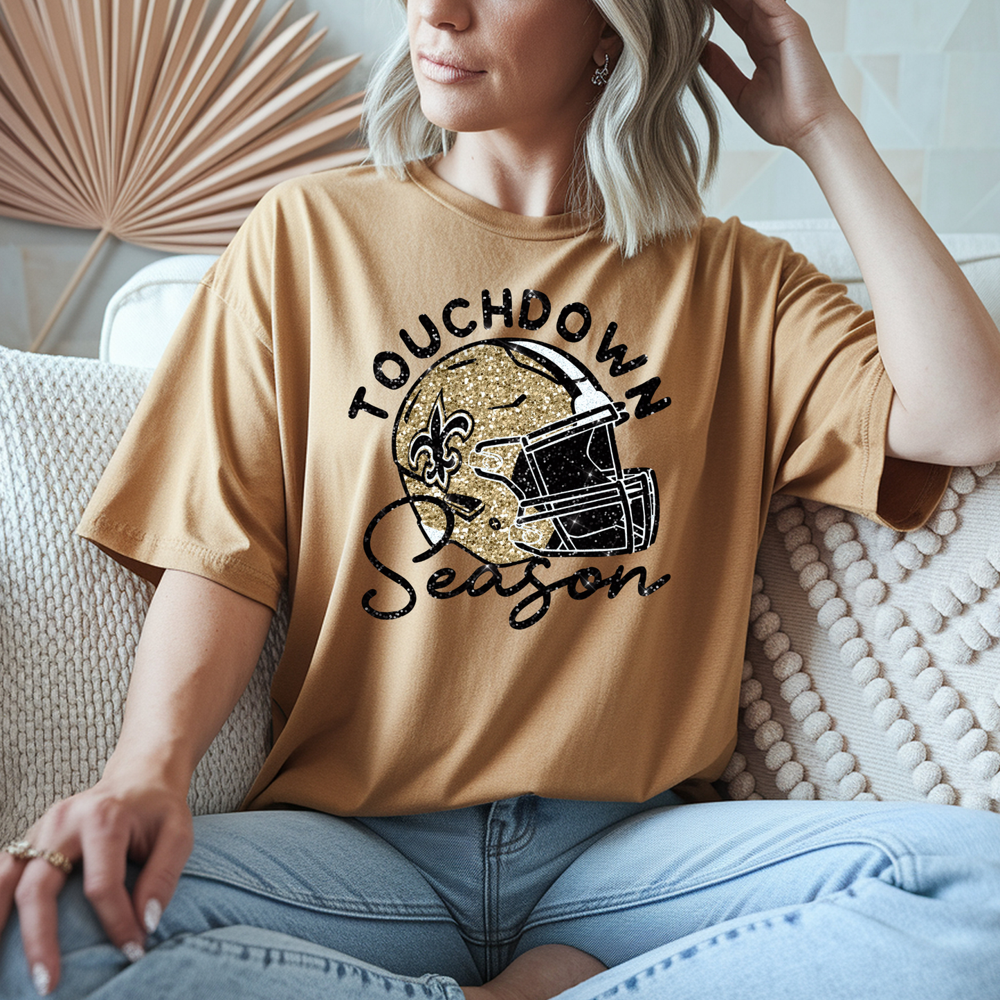 FAUX GLITTER TOUCHDOWN SEASON SAINTS FOOTBALL HELMET PRINTED TEES