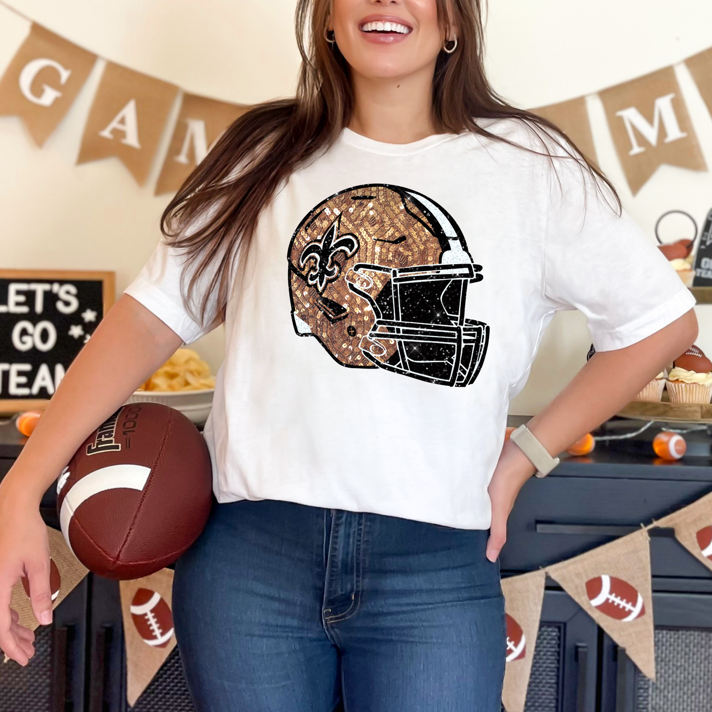 FAUX GLITTER PRINTED SAINTS FOOTBALL HELMET TEES