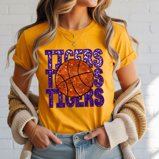 DTF PRINTED FAUX GLITTER TIGERS BASKETBALL (ADULT & YOUTH)