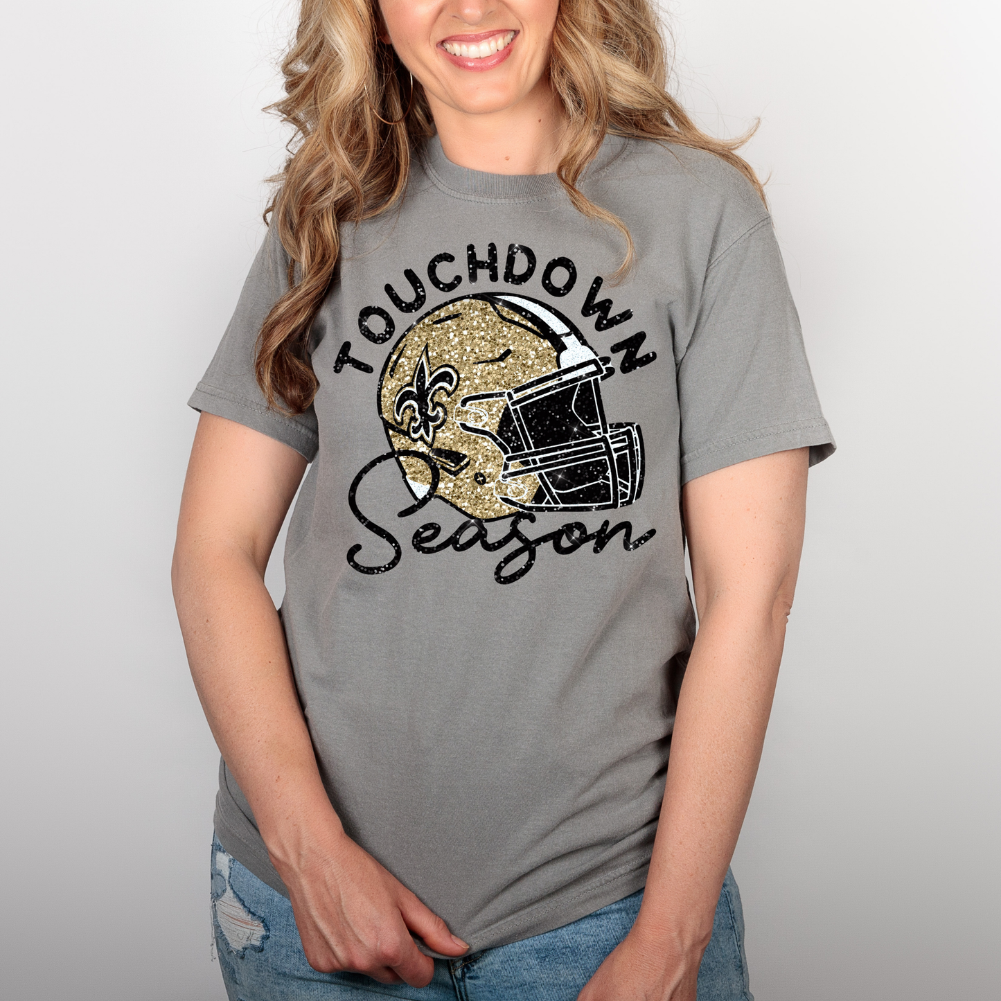 FAUX GLITTER TOUCHDOWN SEASON SAINTS FOOTBALL HELMET PRINTED TEES