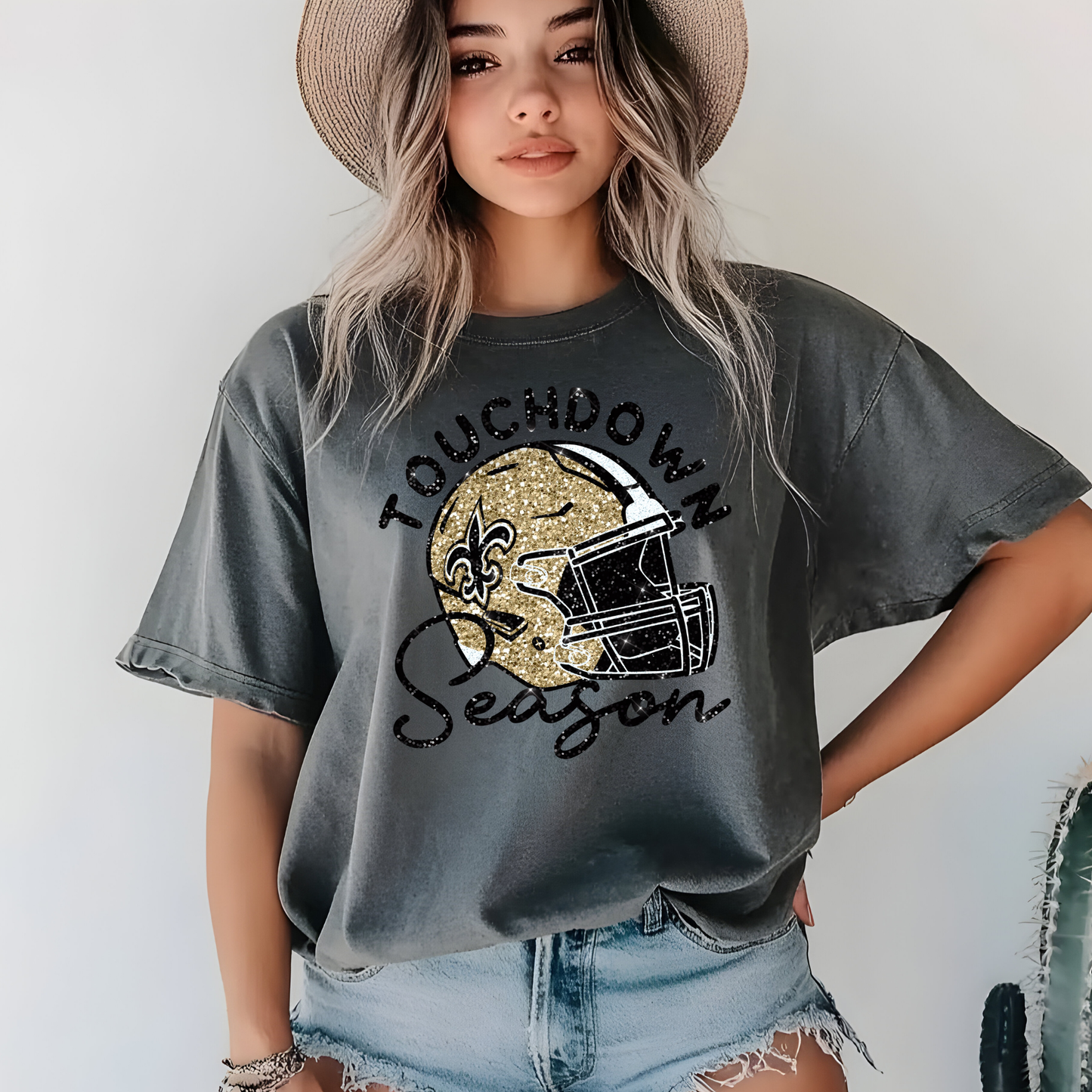 FAUX GLITTER TOUCHDOWN SEASON SAINTS FOOTBALL HELMET PRINTED TEES