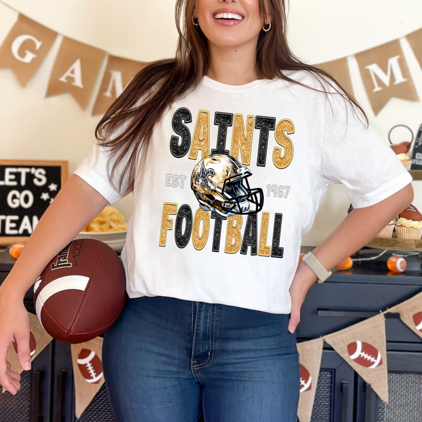 FAUX GLITTER PRINTED SAINTS FOOTBALL TEES