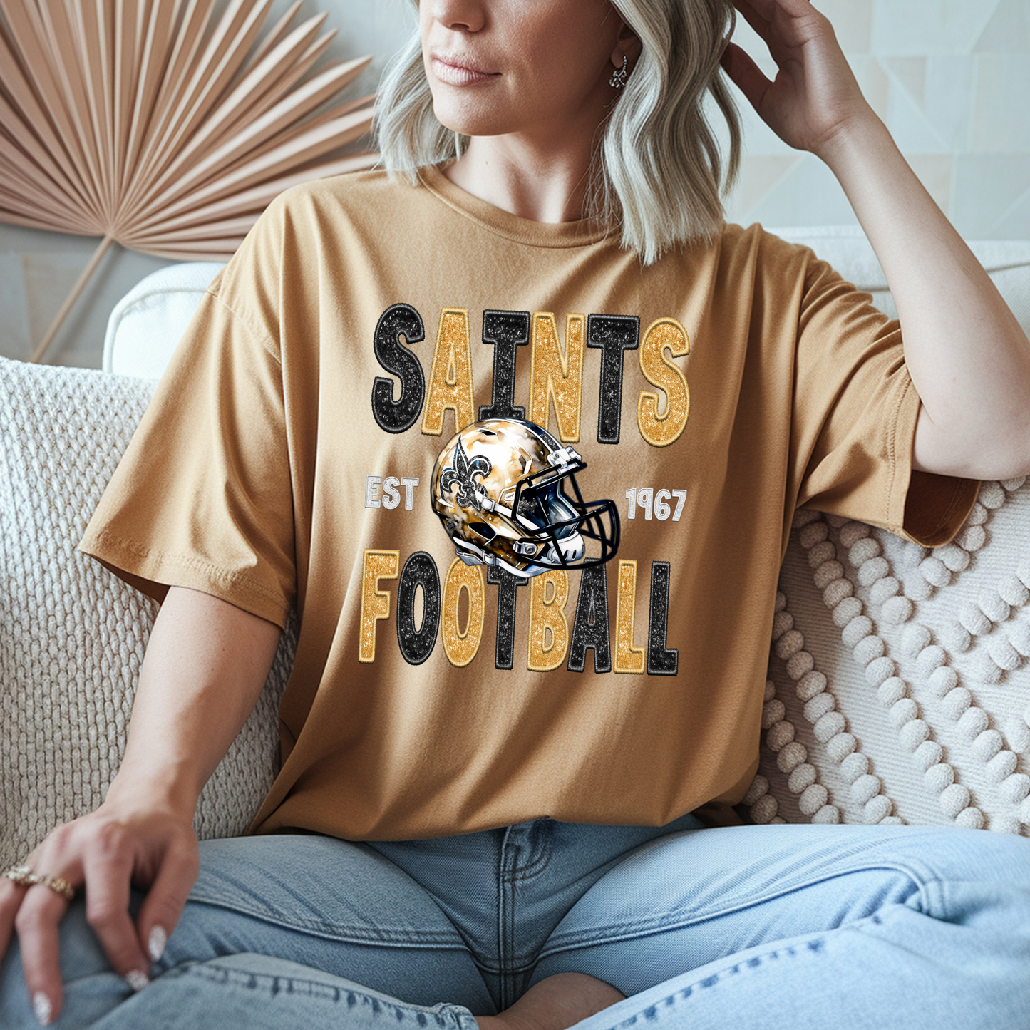 FAUX GLITTER PRINTED SAINTS FOOTBALL TEES