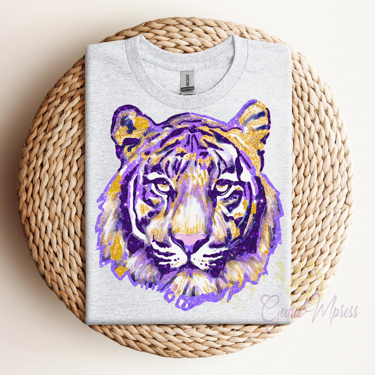 FAUX GLITTER PURPLE AND GOLD SPARKLY WATERCOLOR TIGER