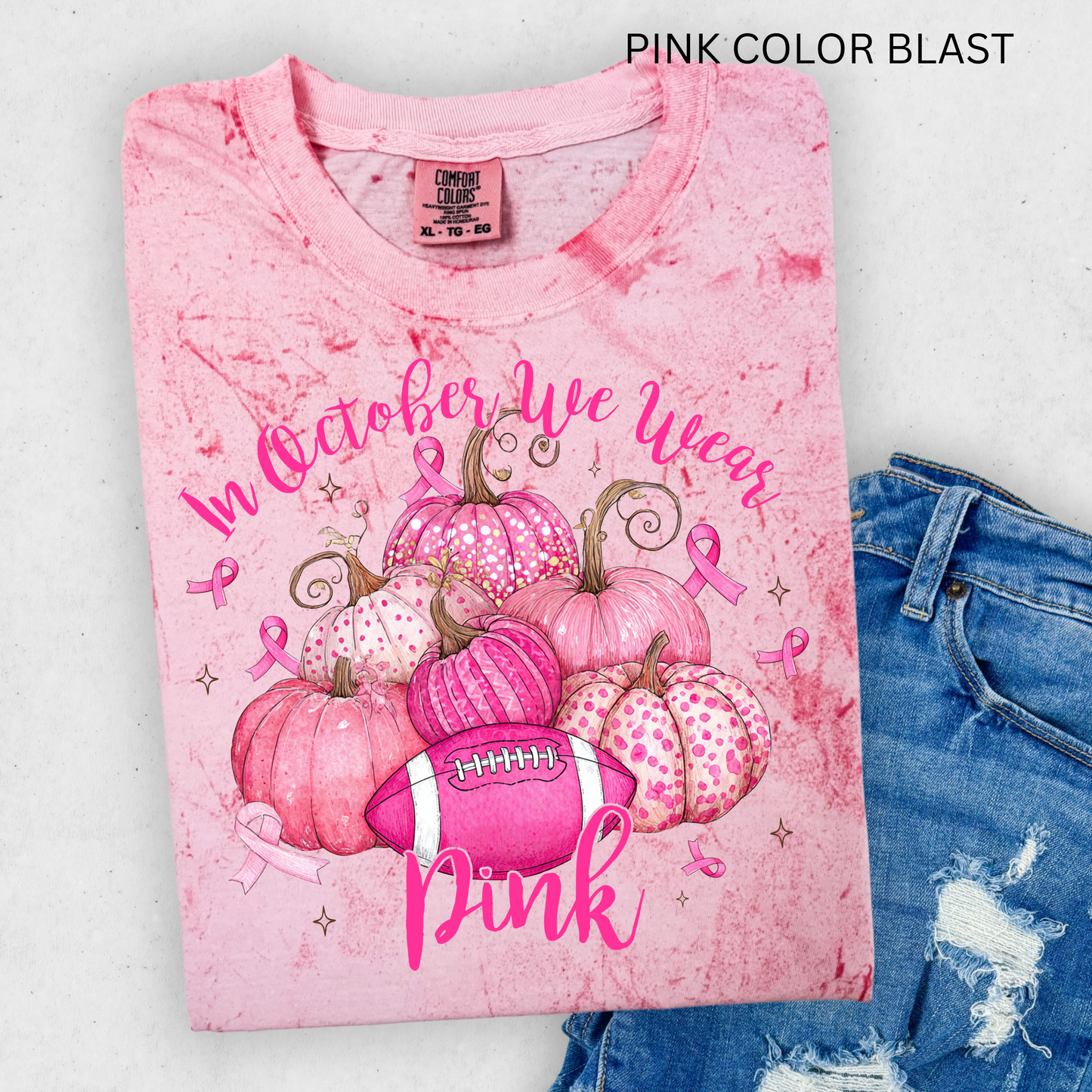 IN OCTOBER WE WEAR PINK PUMPKINS WITH FOOTBALL COMFORT COLORS TEES
