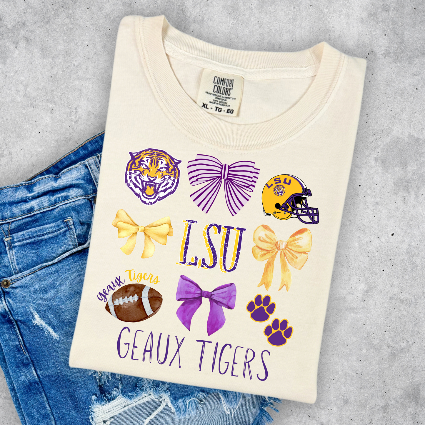 DISTRESSED GEAUX TIGERS COQUETTE BOW TEES