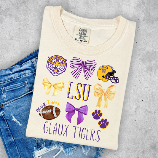 DISTRESSED GEAUX TIGERS COQUETTE BOW TEES