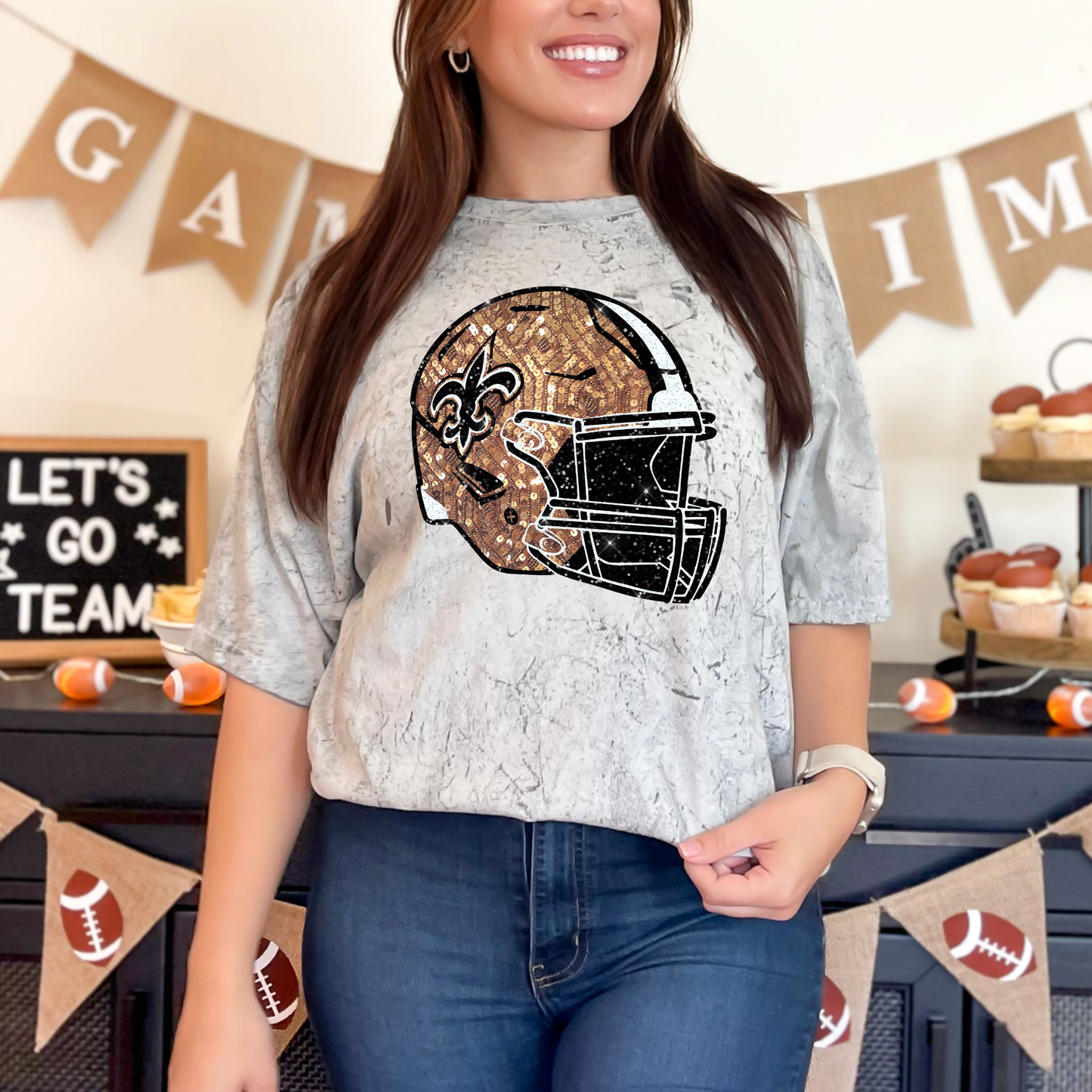 FAUX GLITTER PRINTED SAINTS FOOTBALL HELMET TEES