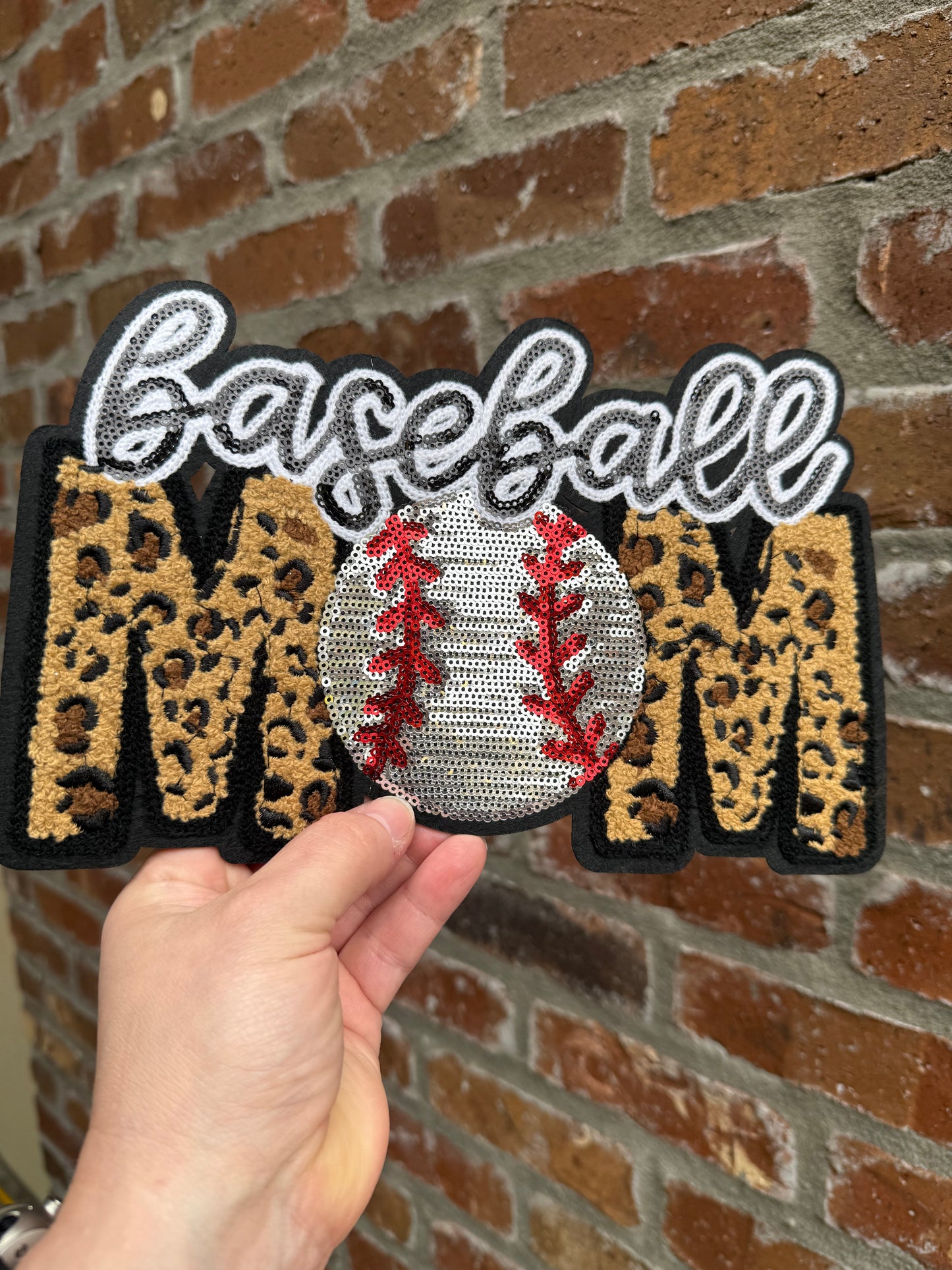 10.5 INCH SEQUIN AND CHENILLE BASEBALL MOM PATCH