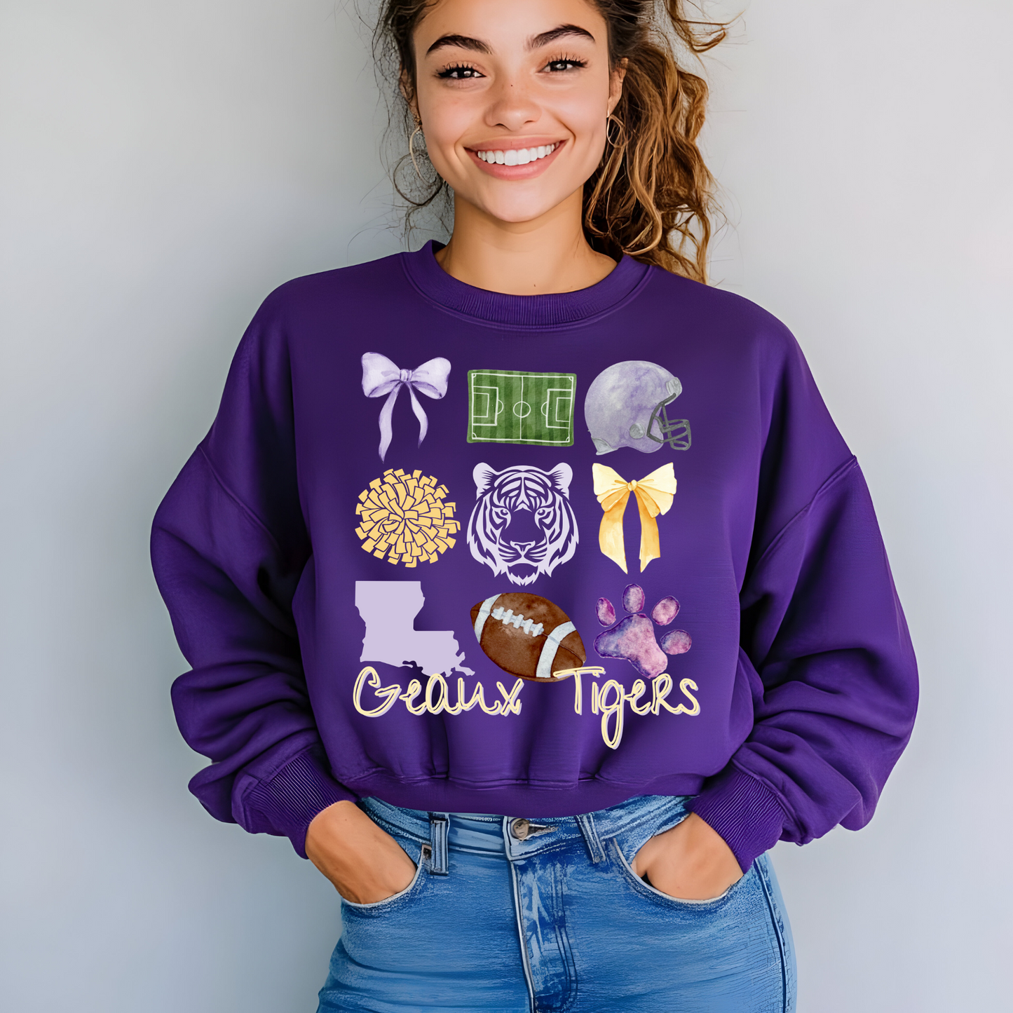 WATERCOLOR GEAUX TIGERS FOOTBALL TEE AND SWEATSHIRT