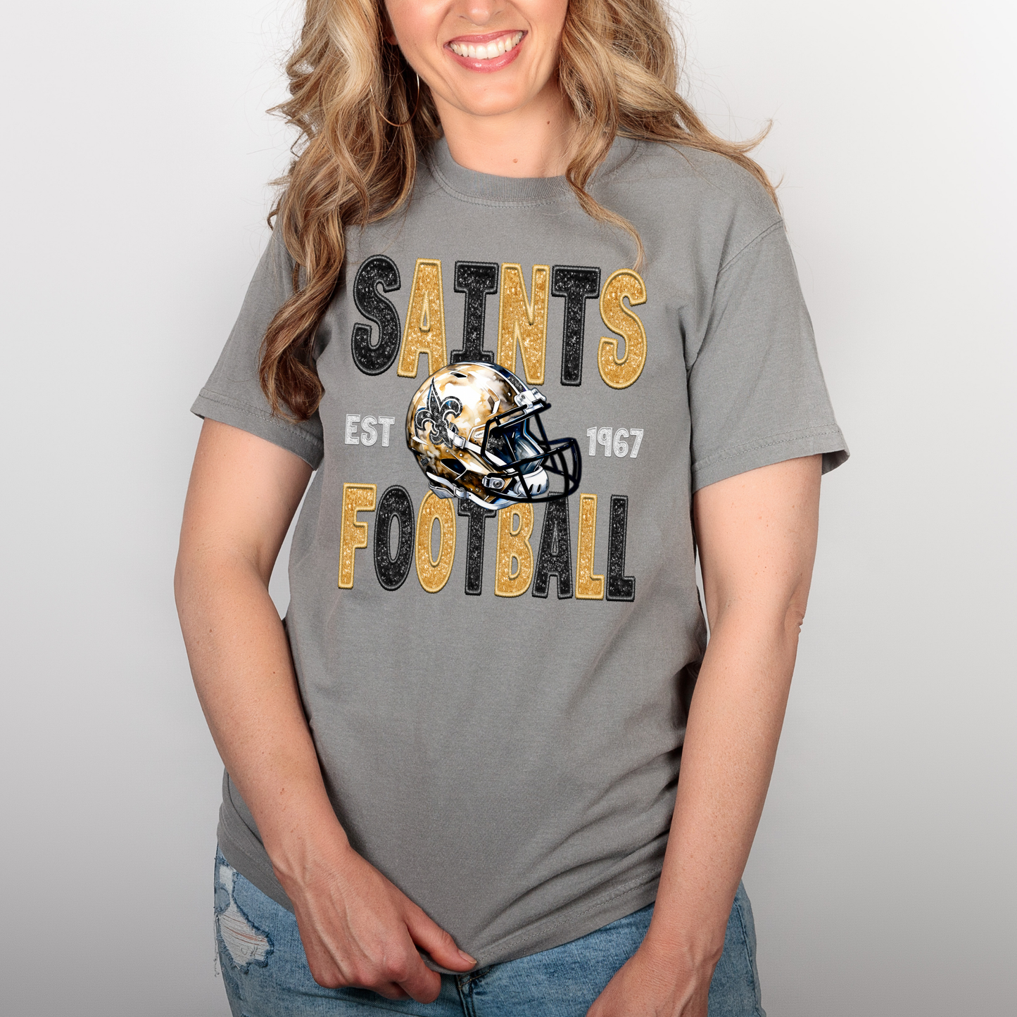 FAUX GLITTER PRINTED SAINTS FOOTBALL TEES