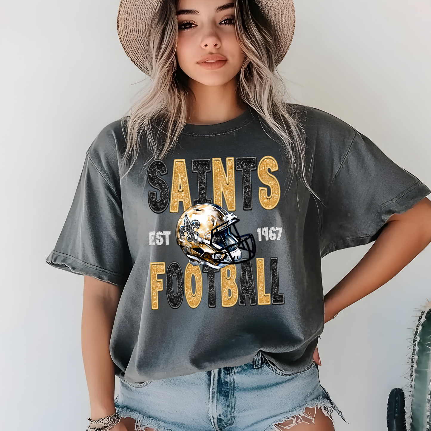 FAUX GLITTER PRINTED SAINTS FOOTBALL TEES